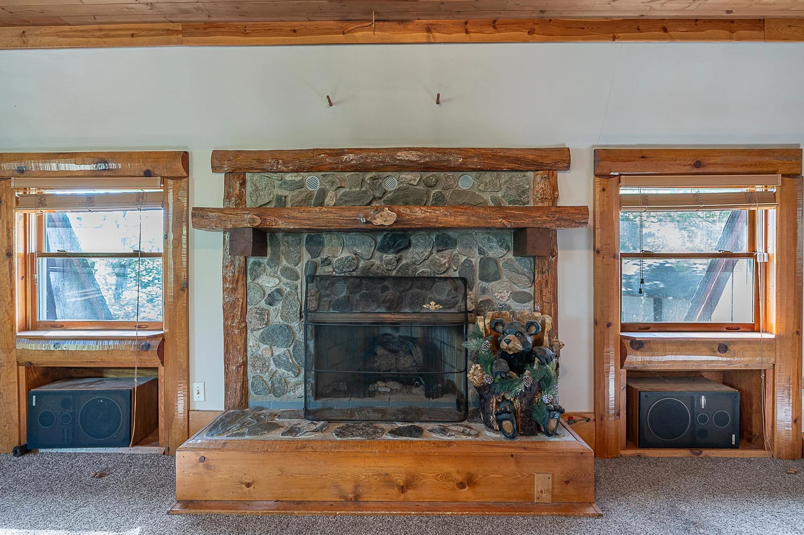 Hand stacked stone gas fireplace