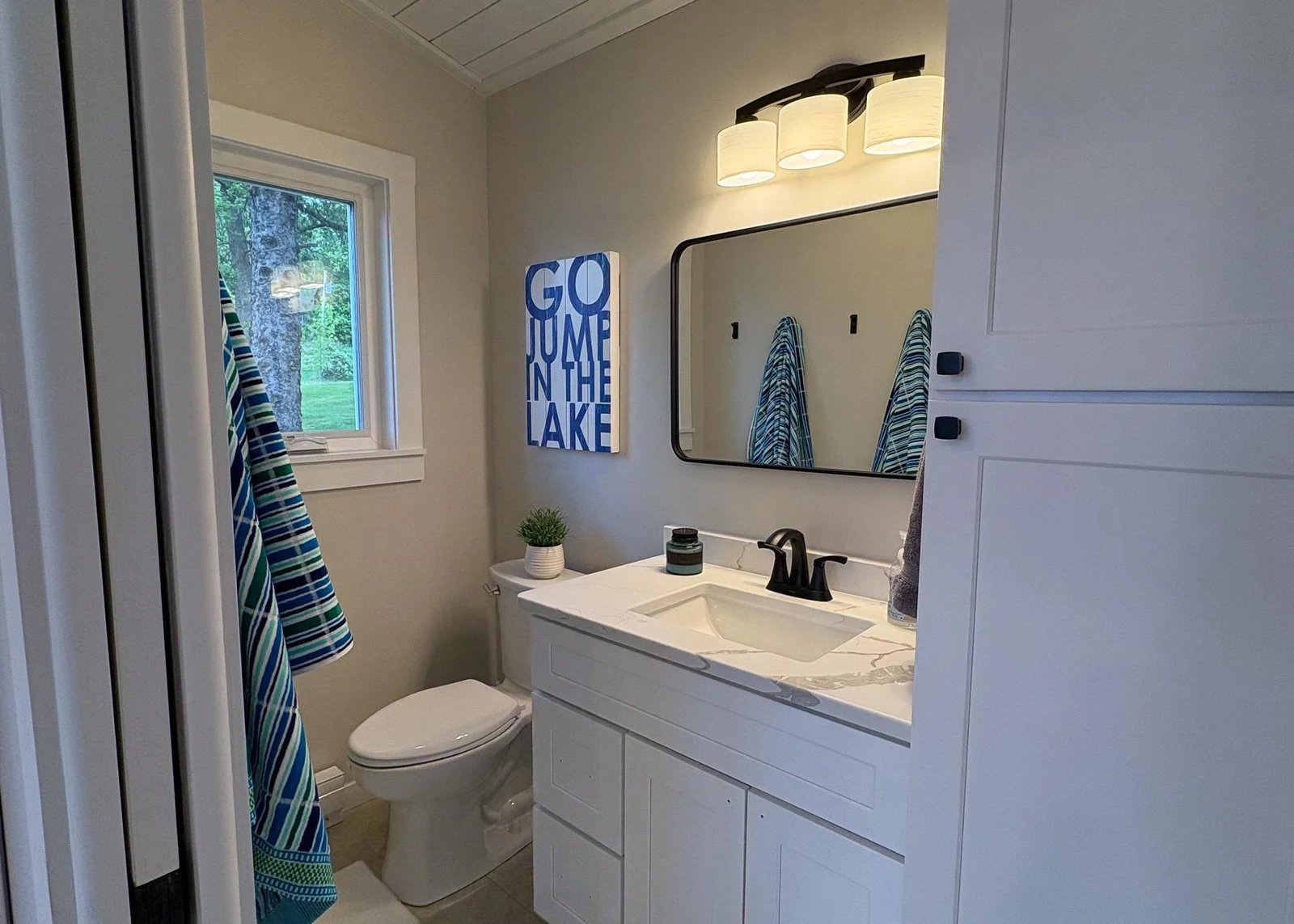 Half bath in main cabin with extra storage