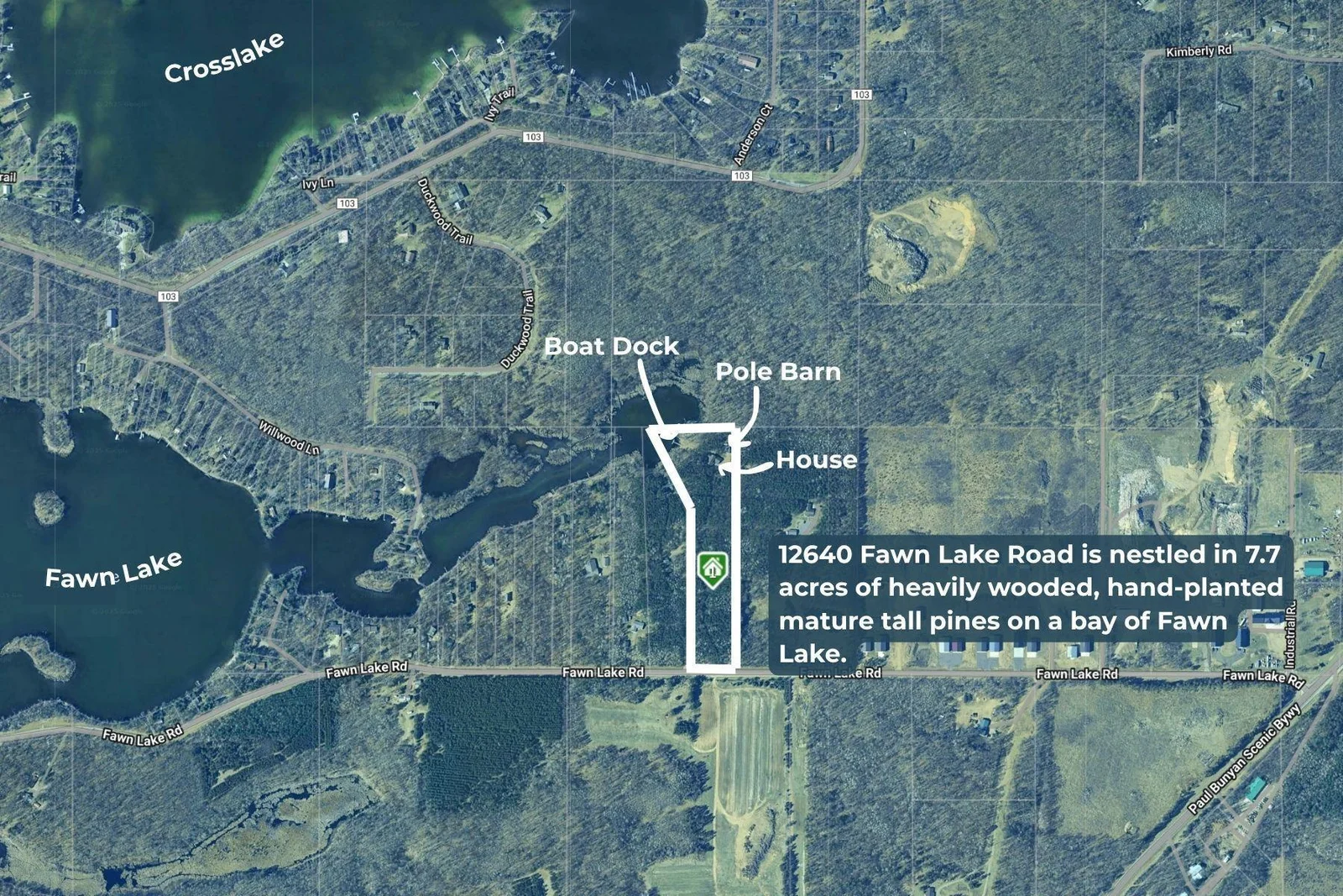 The dark Green shows forest of tall pines, unique to the area. This property is 7.7 acres, + lake shore. The ultimate package of privacy and serenity.