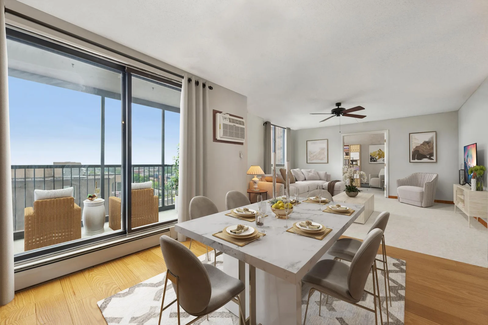 Virtual staged dining, living room and window treatments