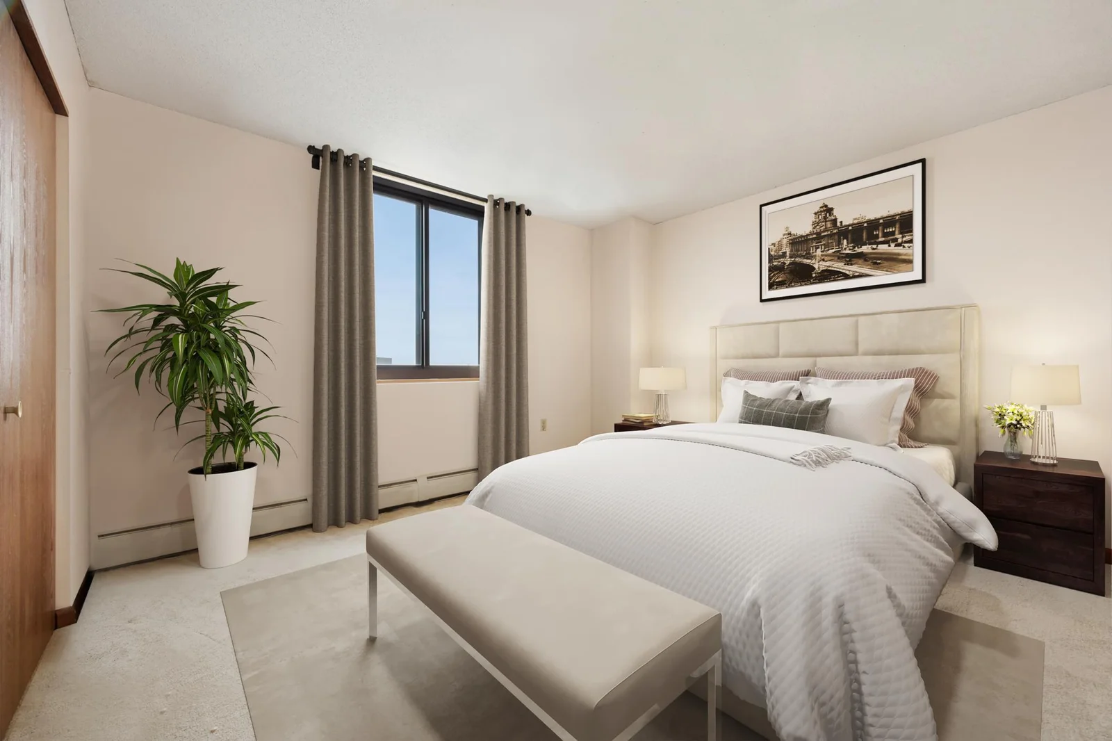 Virtual staged bedroom and window treatments