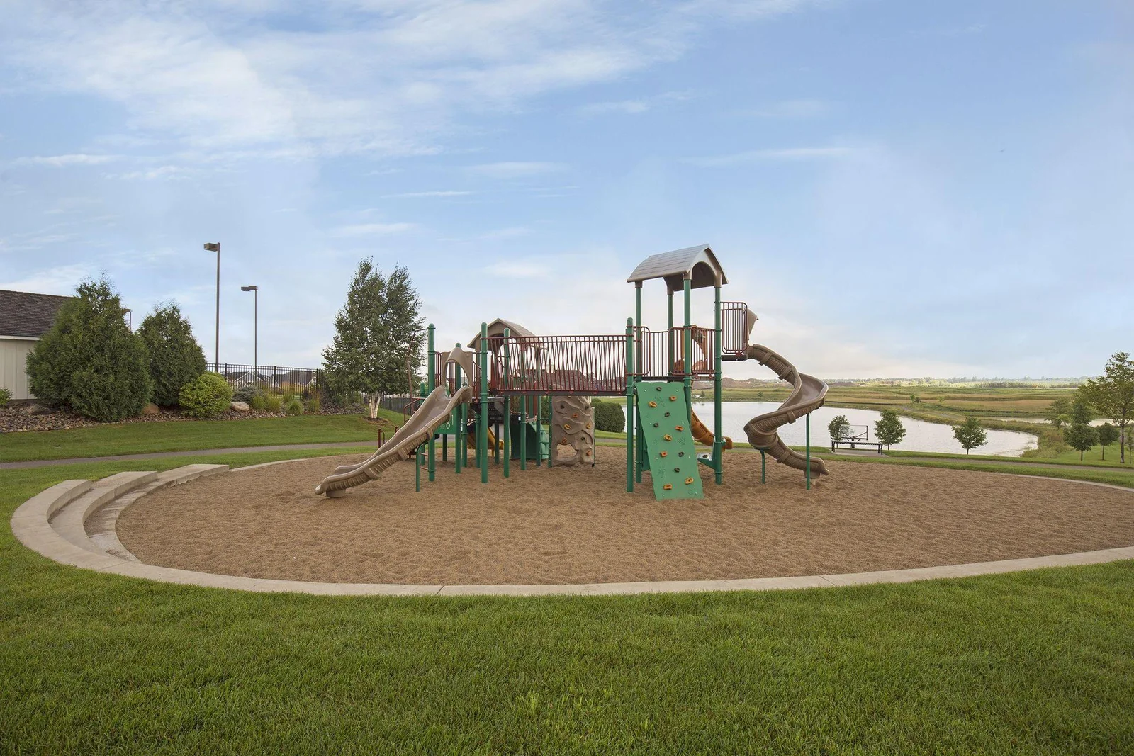 Playgrounds and open green spaces for kids and pets to explore.