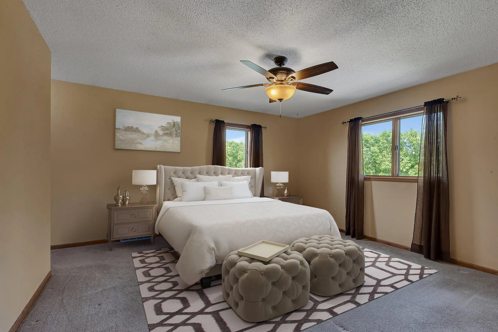 Large primary bedroom on the upper level - all bedrooms on the same level. Virtually staged