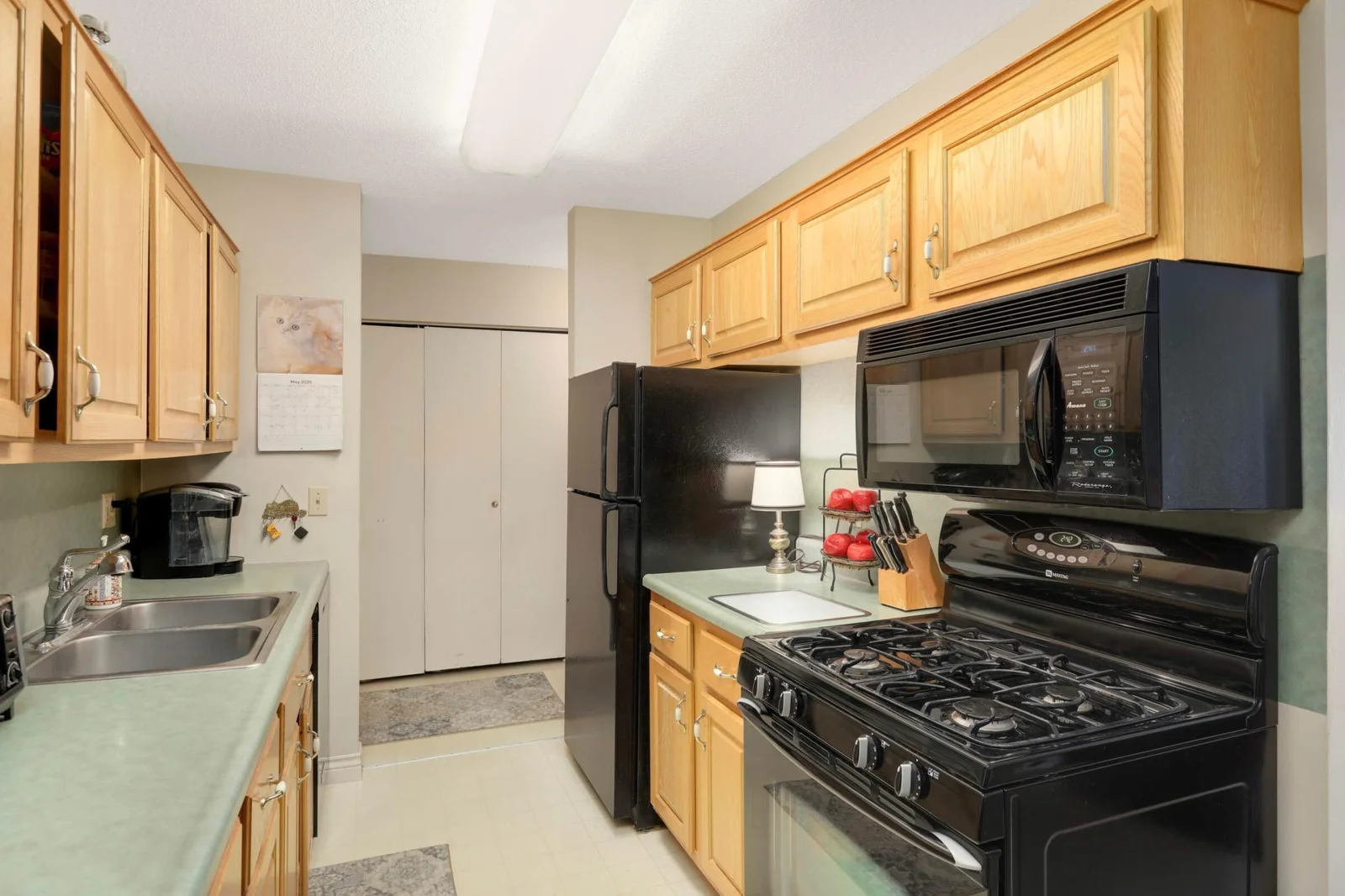 Newer range, microwave, and refrigerator.