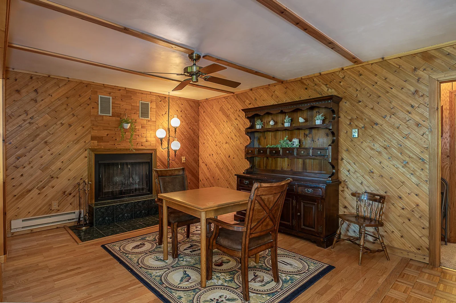 Dining room with fireplace.