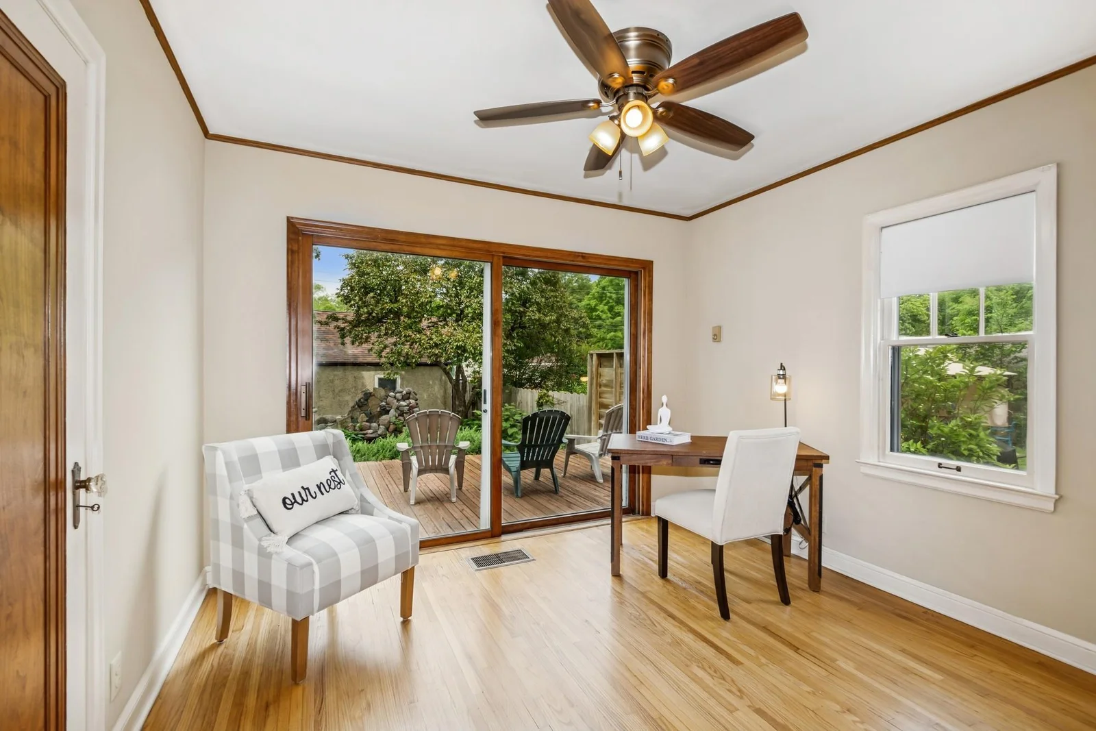 So many options, this bedroom or office has an amzing exit right out onto the deck overlooking the backyard water feature.