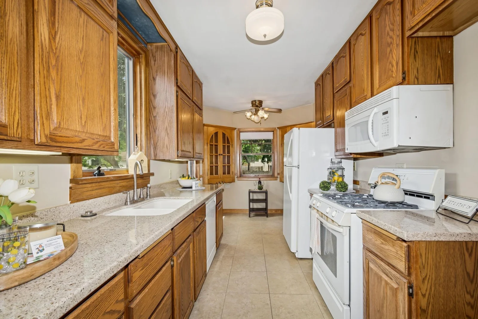 The woodwork of the updated cabinets blends nicely with the natural woodwork throughout the home.