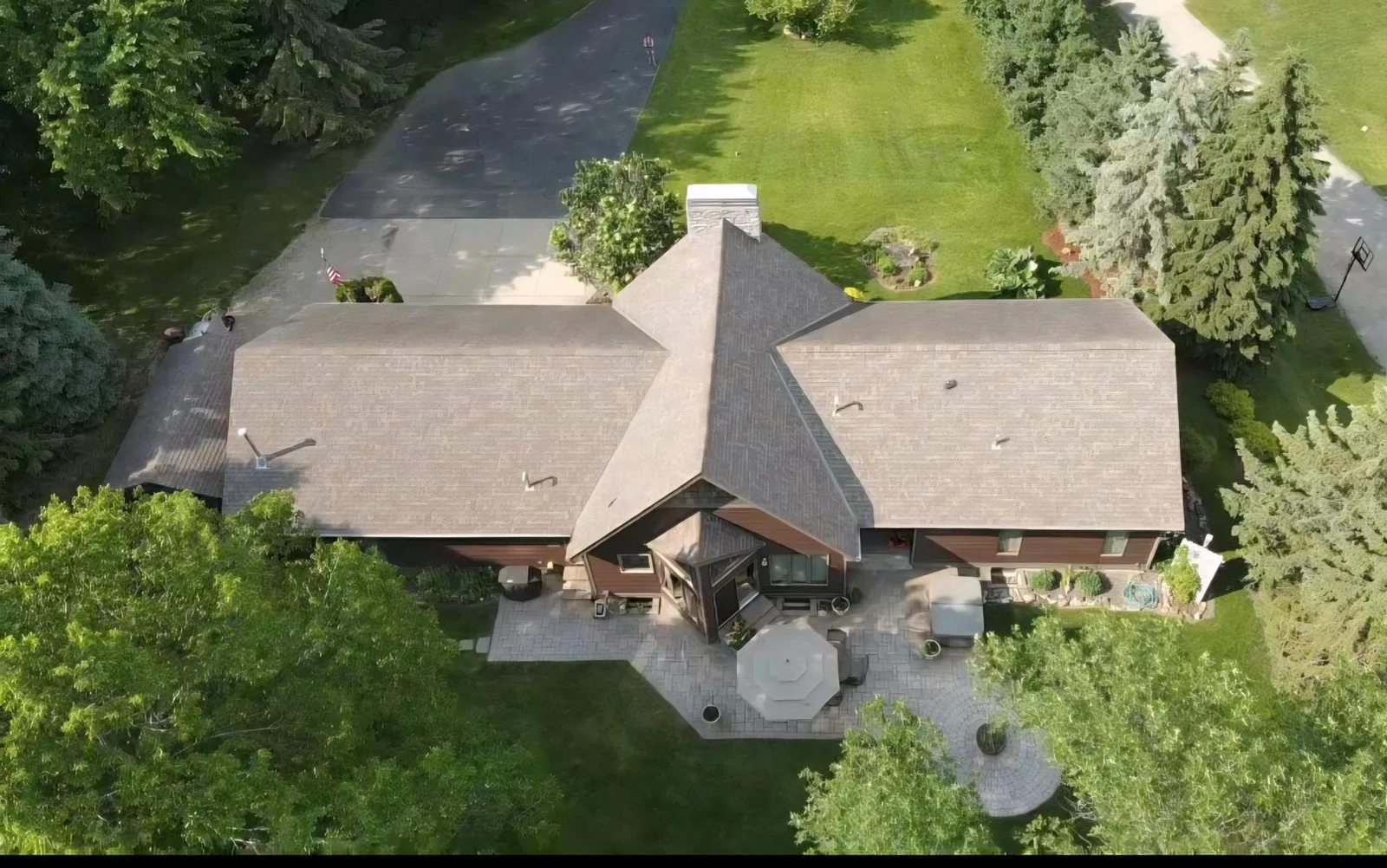 Aerial view of the yard. Lots of usable space for yard games or