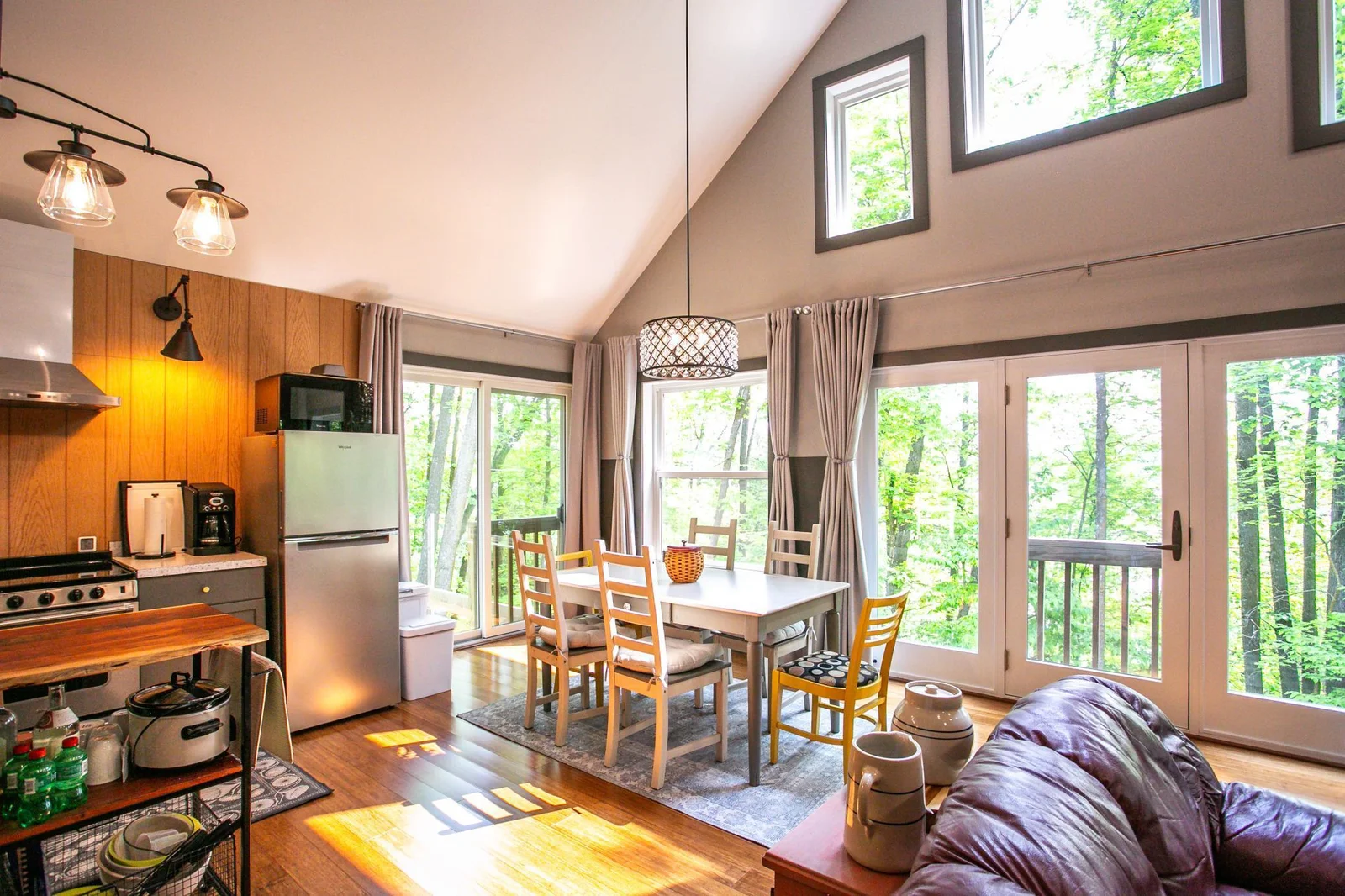 Dining area, lovely spot to enjoy a meal with view of woods and lake