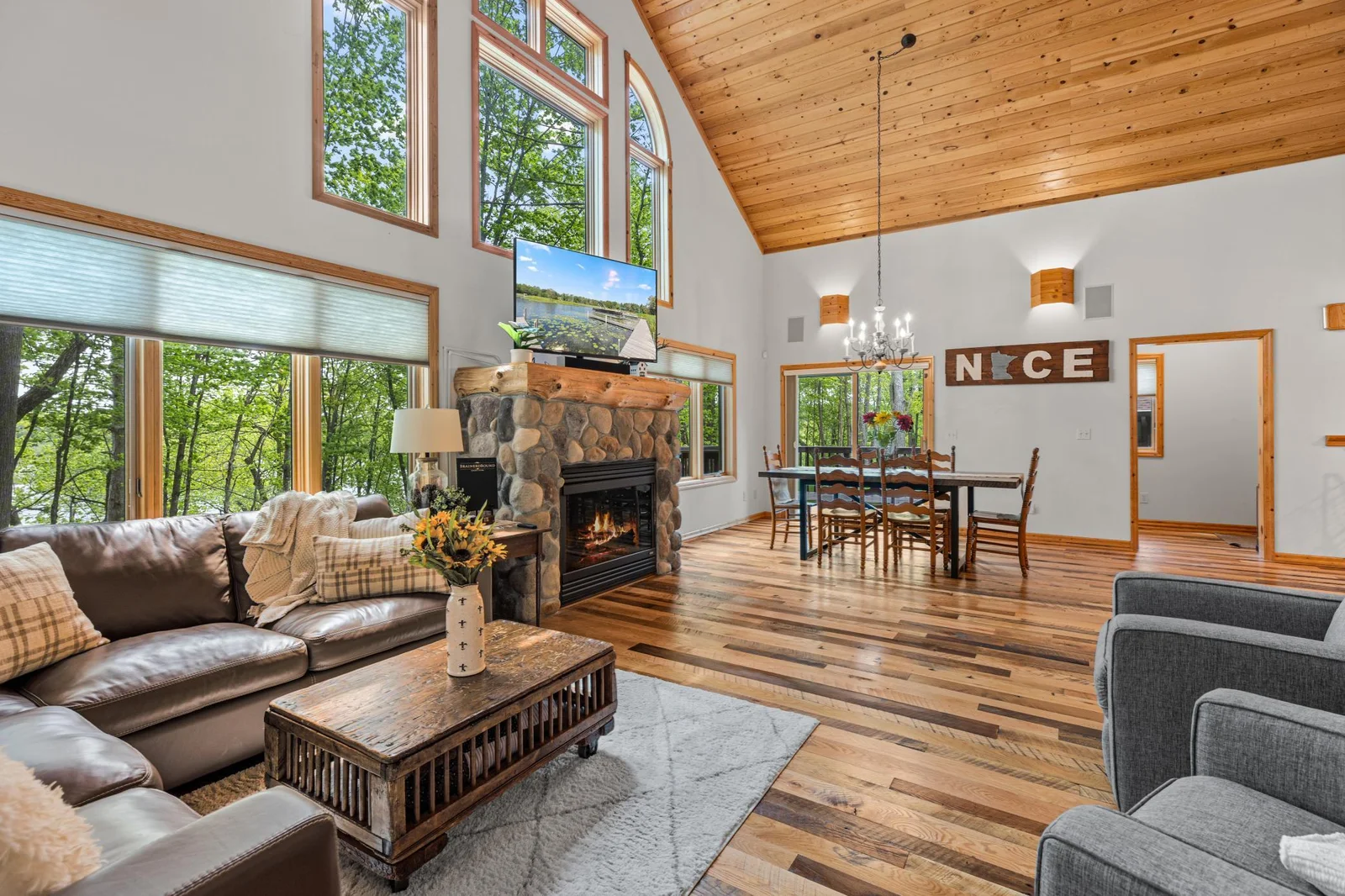 Great Room features a beautiful stone fireplace