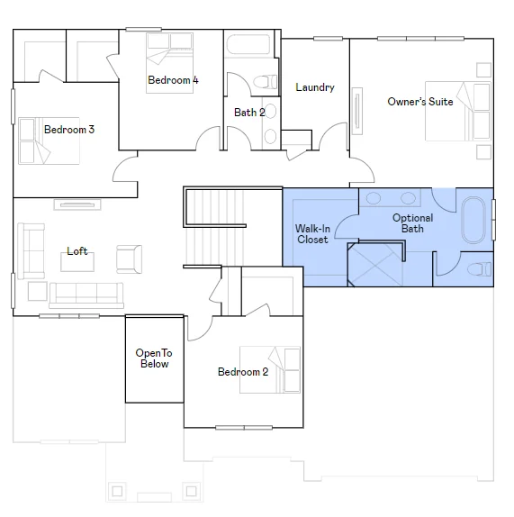 Itasca upper level floorplan with primary bedroom serenity shower.