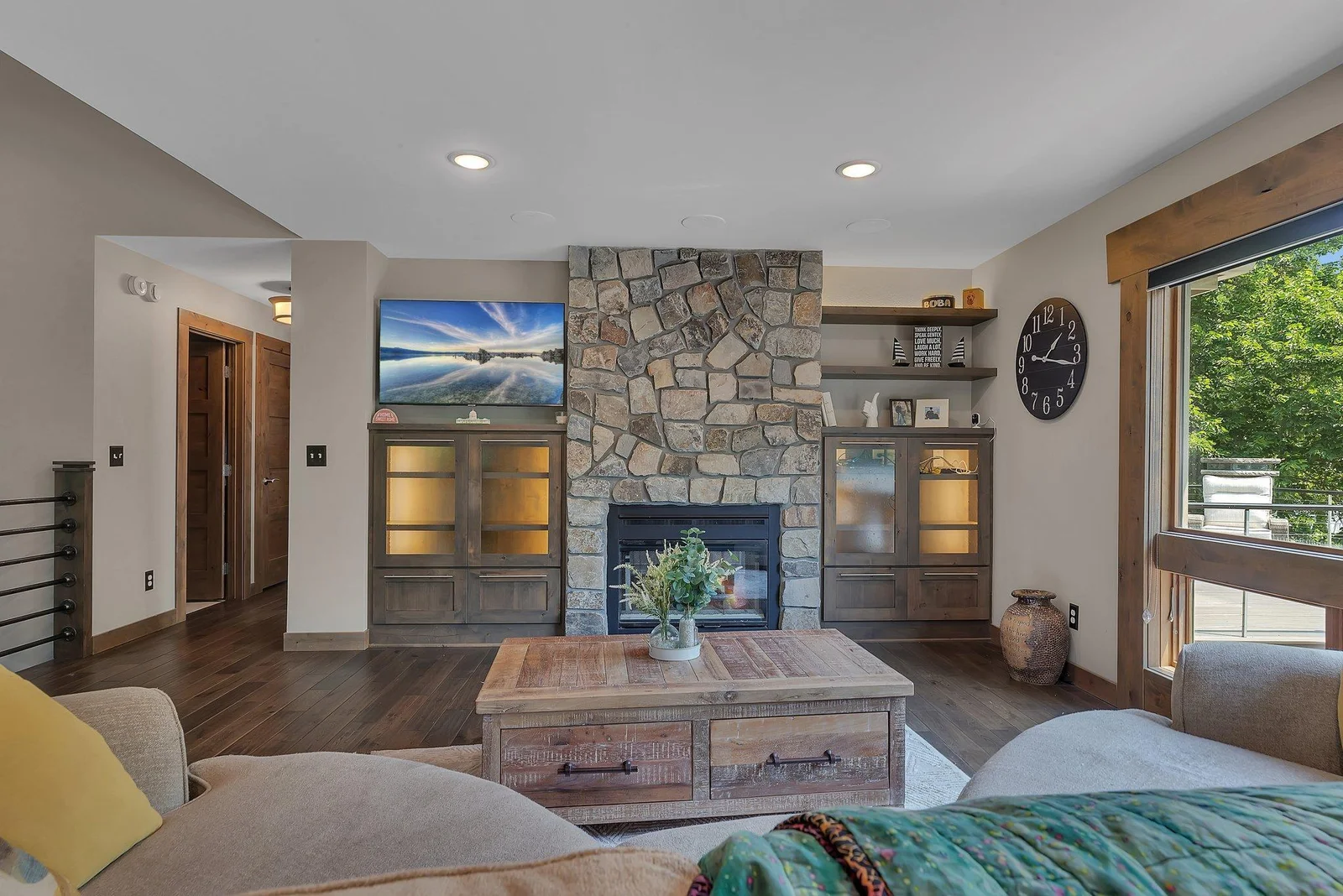 Fireplace warmth meets lakeside serenity.