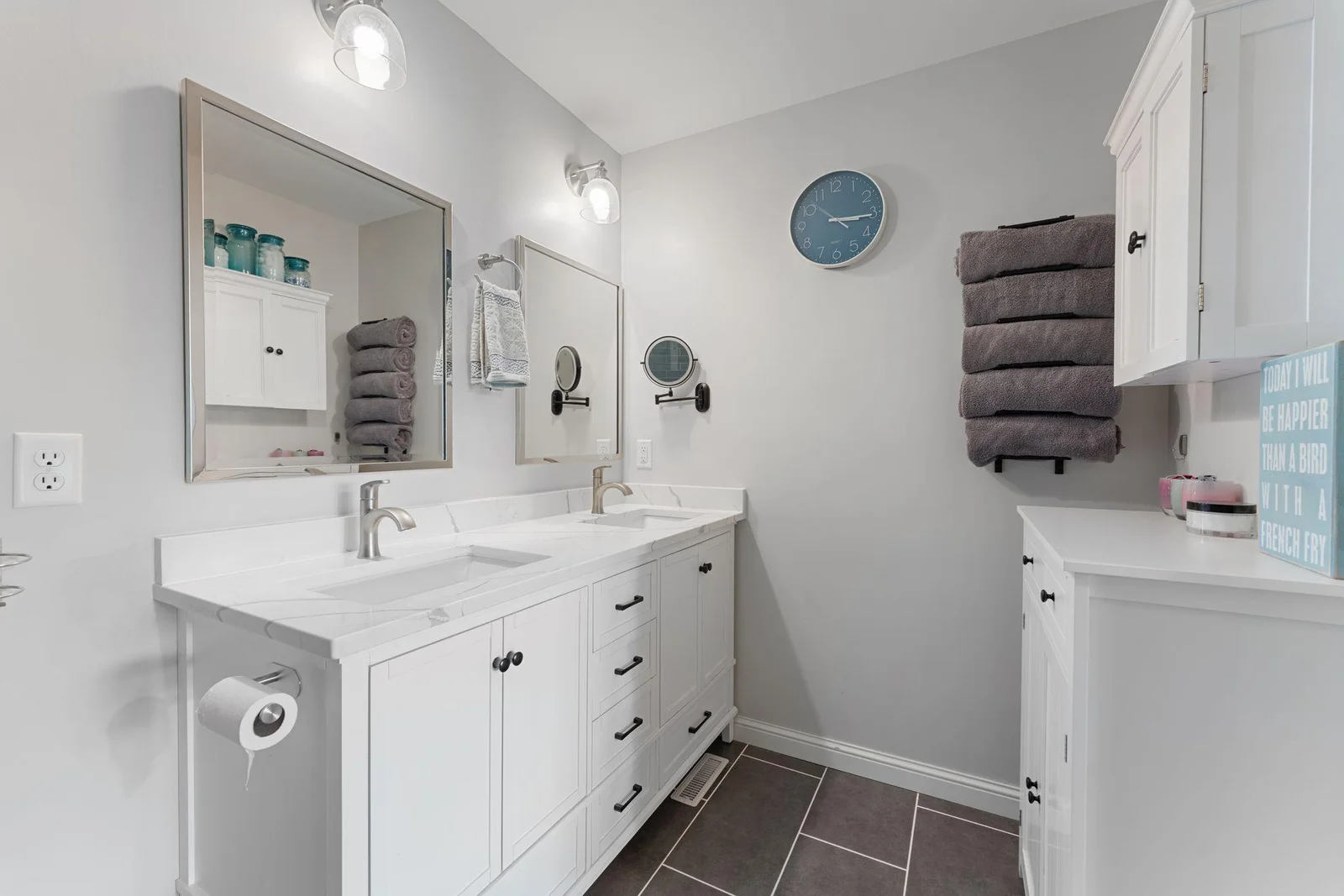 Private 3/4 primary bath with new dual sinks.