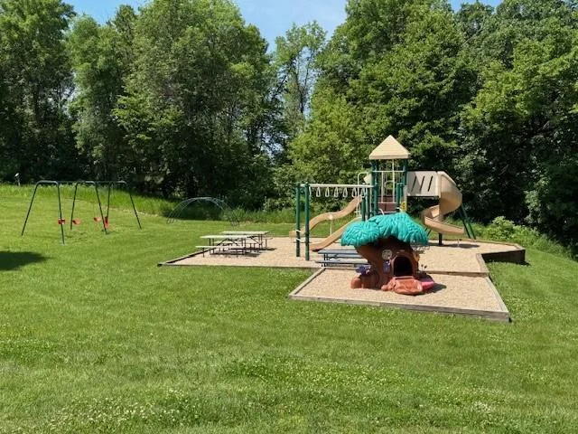 Play ground with picnic with tables to sit at.