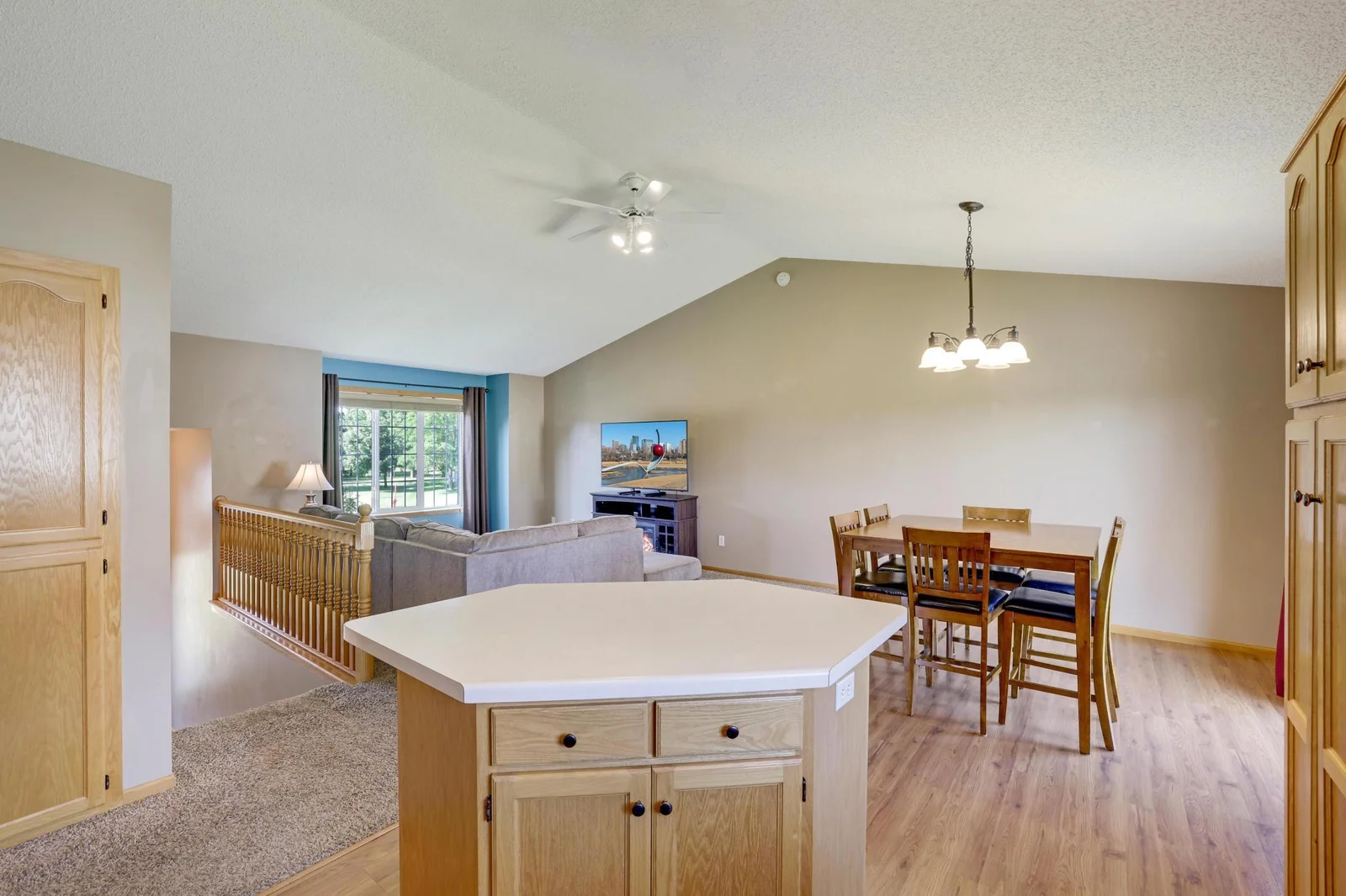 Large, center island offers extra seating and storage space