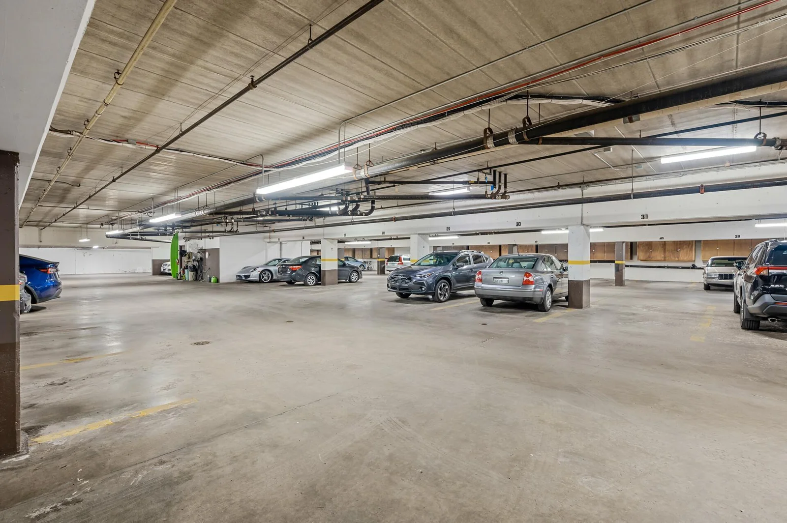 Secured/Heated garage with assigned parking and storage locker.