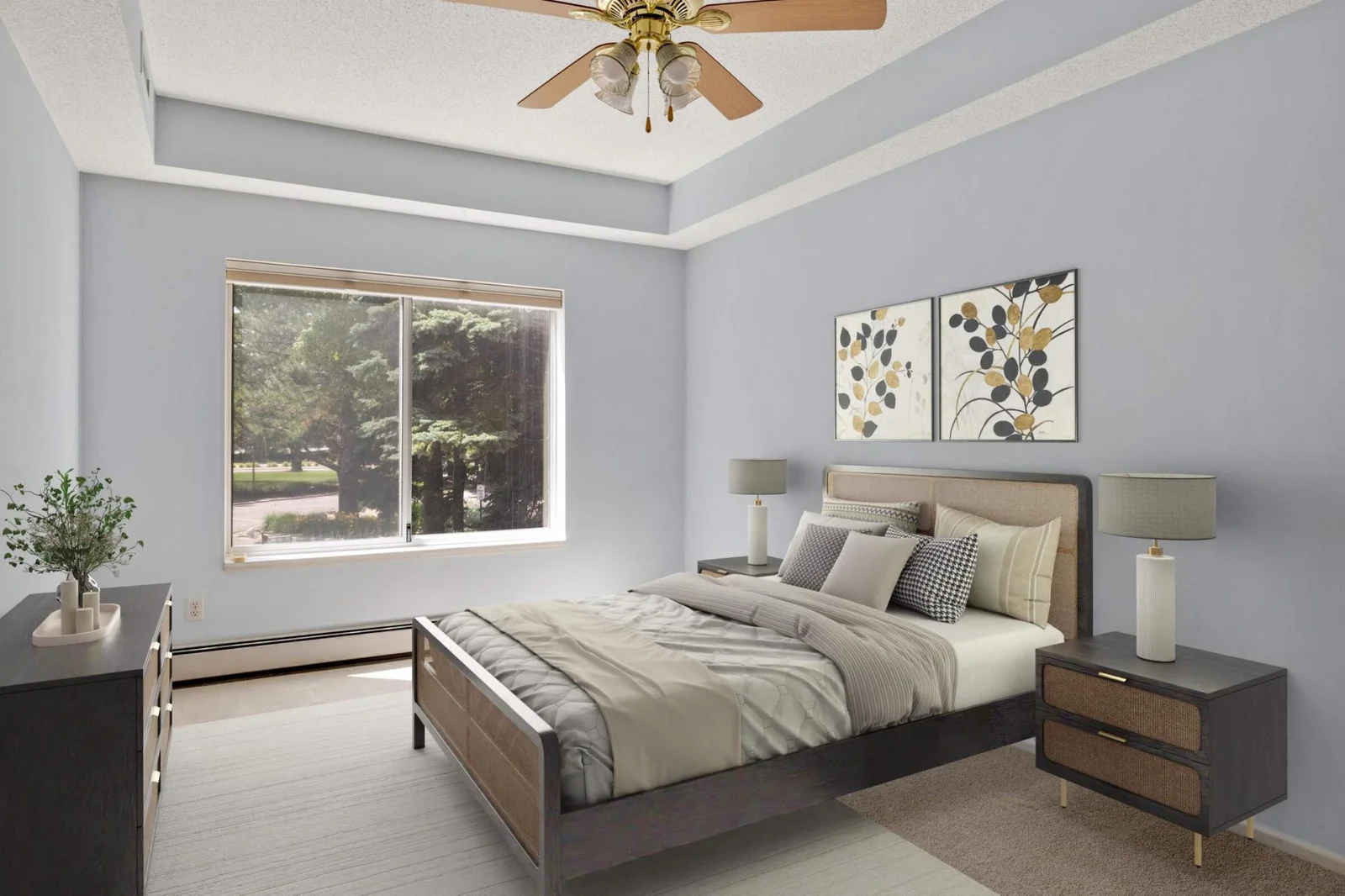The spacious primary suite has plenty of room for a king sized bed