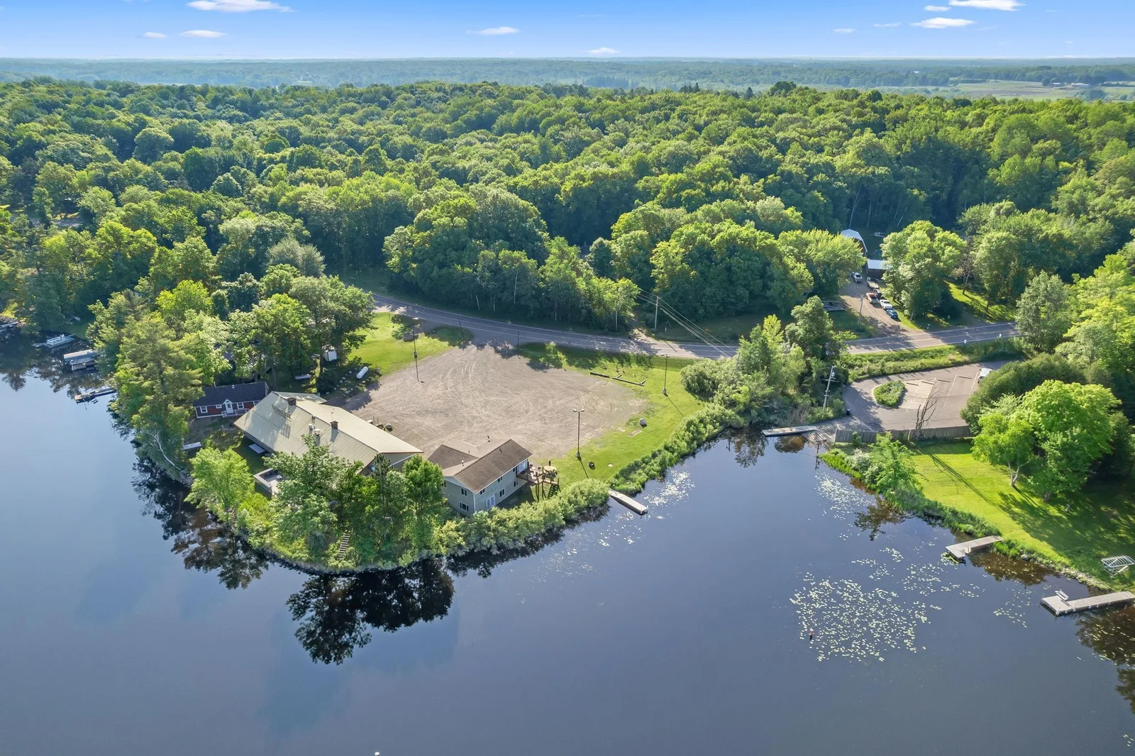 Stunning view of the property. Ann Lakes is 653 acres in size and is about 17 feet deep.  Great for fishing and water sports.  The Ann Lake public access is visible in the upper right corner.