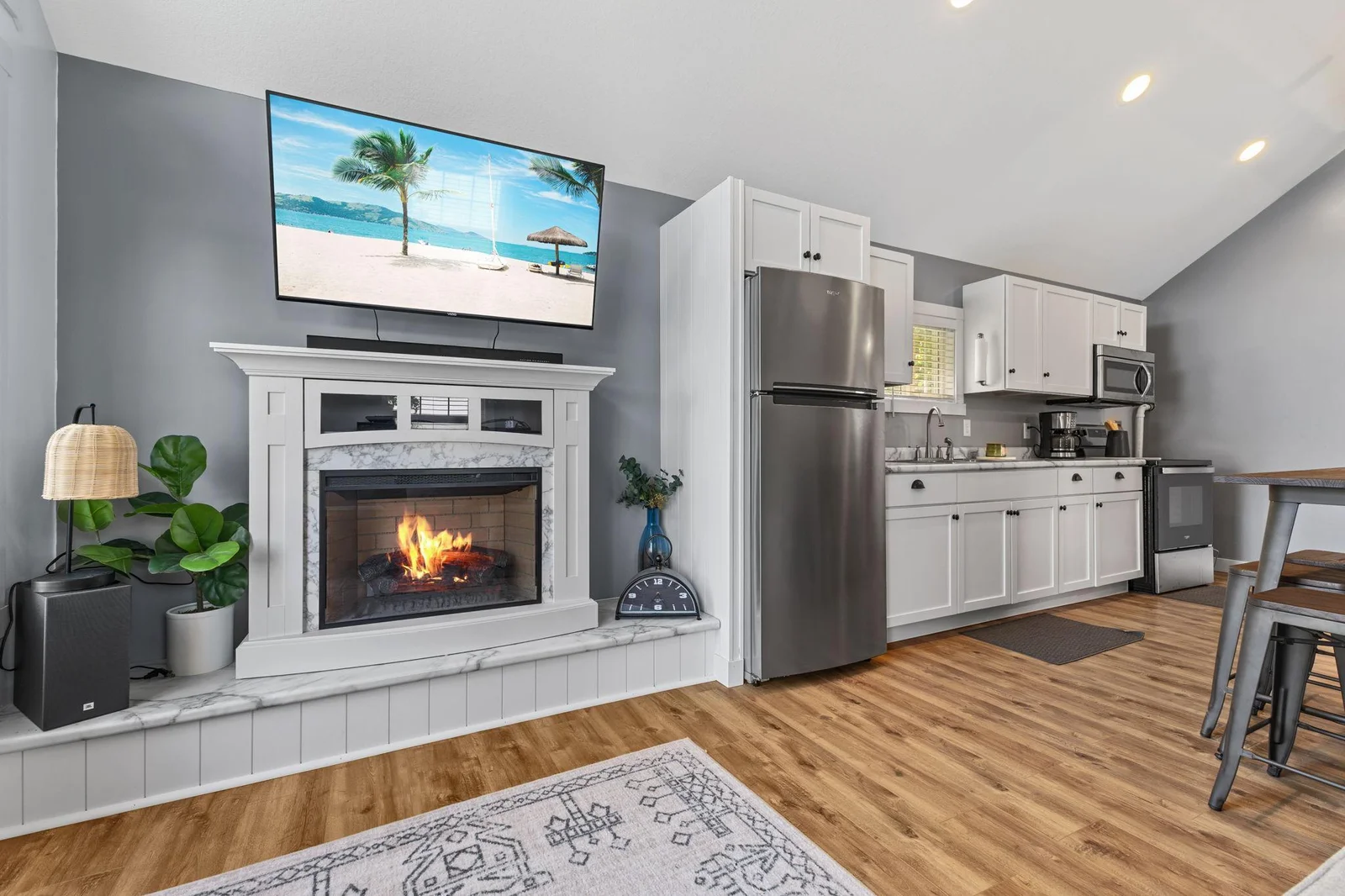 Enjoy the fireplace.  Perfect place to watch those big games.
