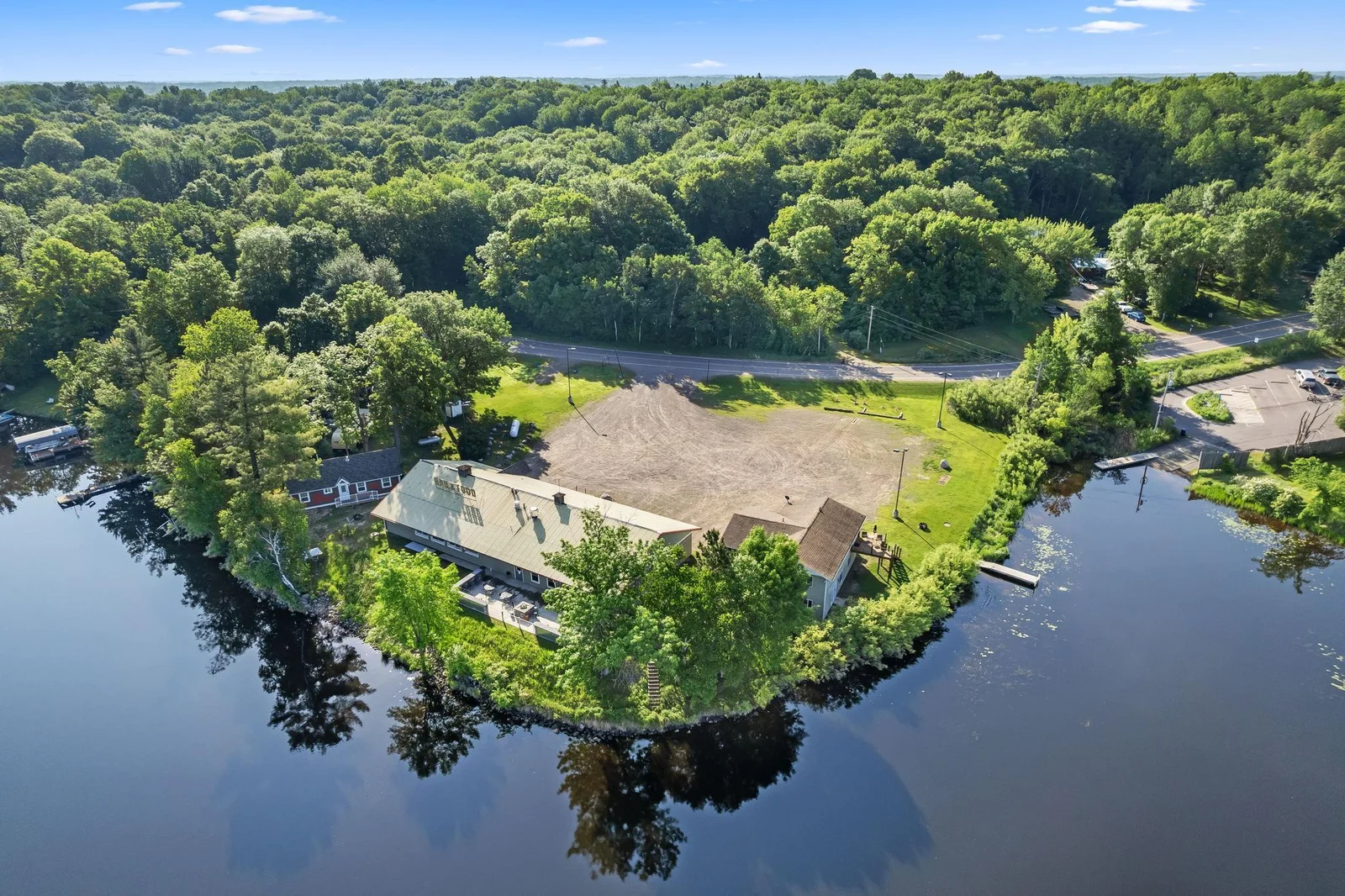 Approximately 600 feet of lakeshore on Ann Lake.  So many possibilities......use it as a restaurant, or repurpose it to some other business venture.