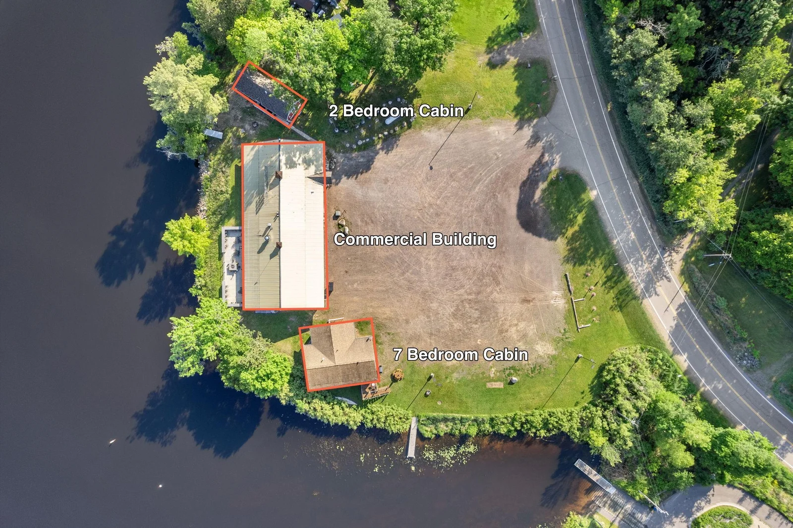 Aerial view of the three buildings.