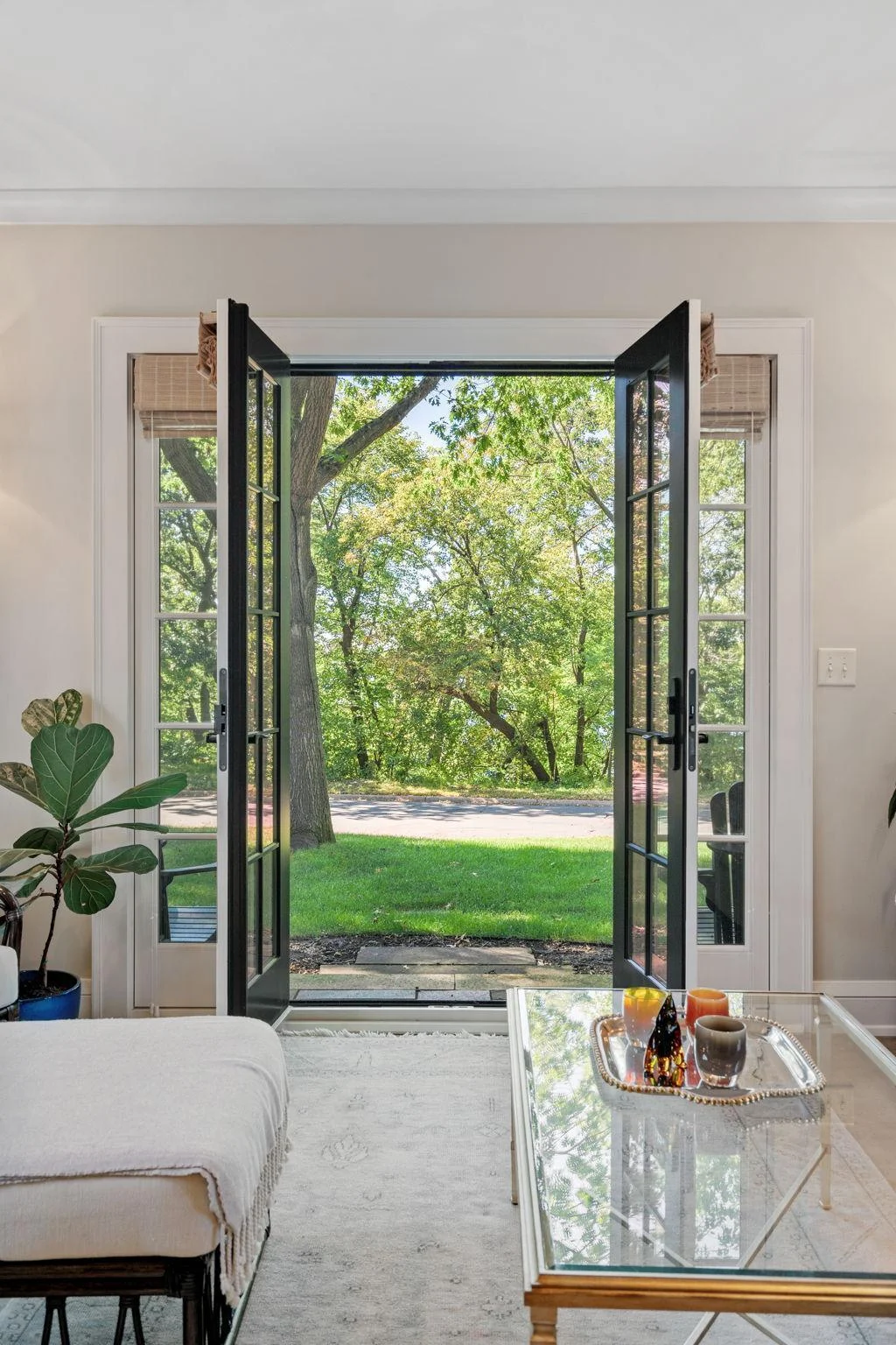 The beautiful french doors allow for fresh air and great room for watching the sun rise and set.
