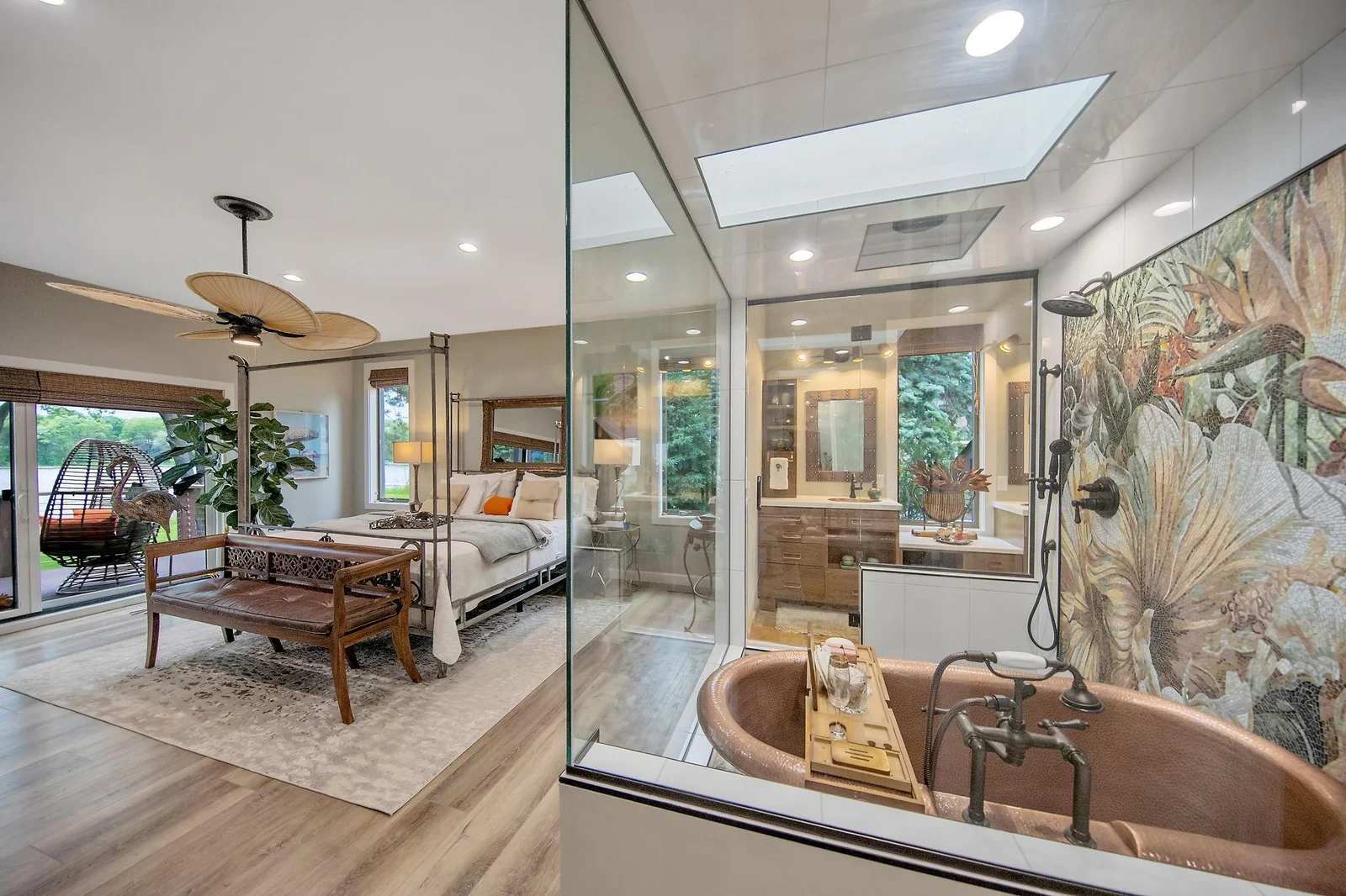 The owners suite is a true Zen like retreat where you can unwind after a long day! Features include a marble surround fireplace, sliding doors to private deck, natural palm ceiling fan and baboo blinds.