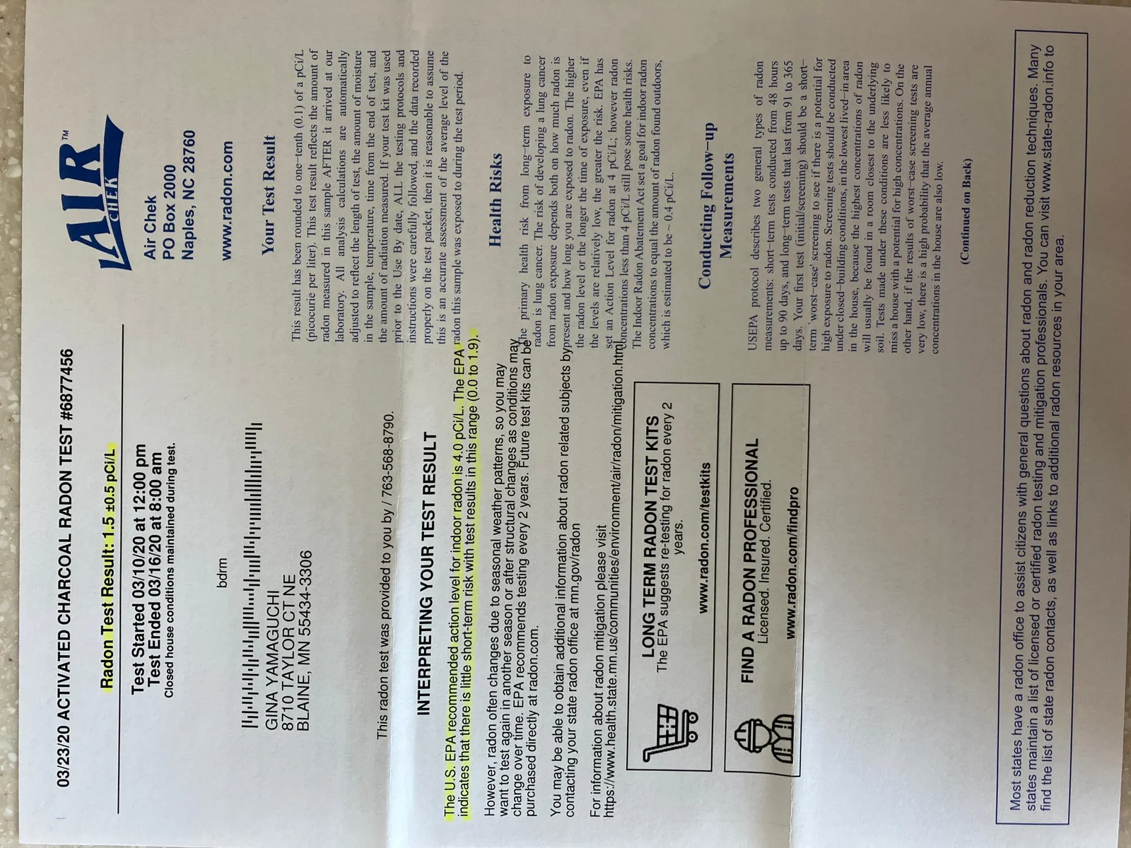 Radon Test Results