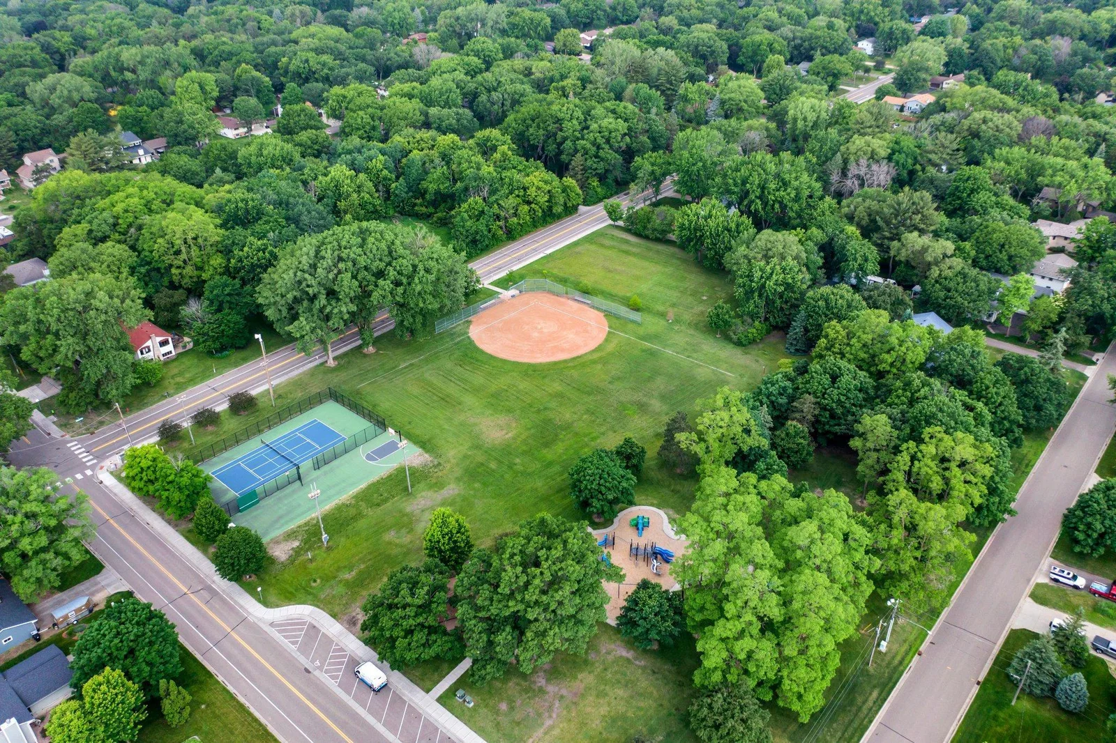 Playground, ball field, tennis court