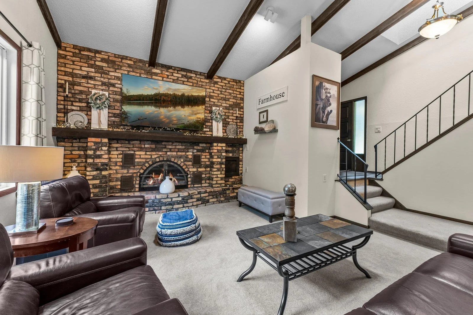 Handsome brick hearth & rustic mantel