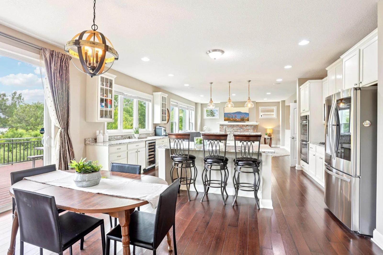 Stainless steel appliances, including new LG Smart French Door refrigerator and microwave (2022).