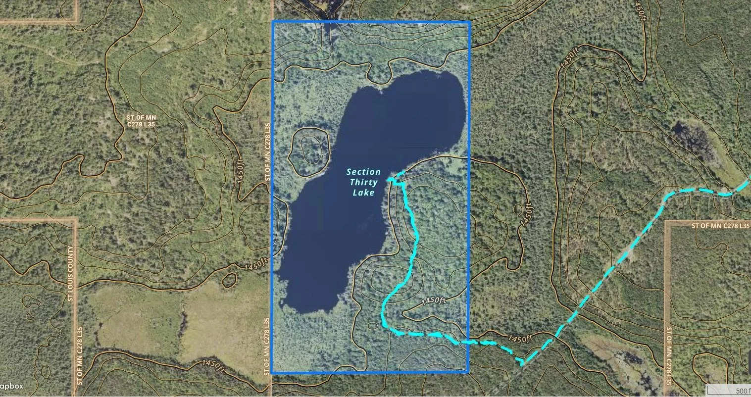 Parcel Map.  NOTE:  The dotted light blue line is a trail leading from the gate to the East side of the lake.  It's well worth the walk.