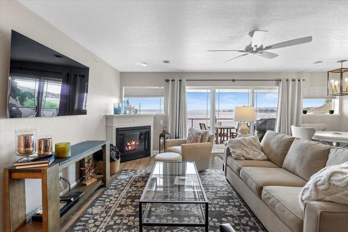 Living Room with Gas Fireplace overlooking Beautiful Lake Pepin