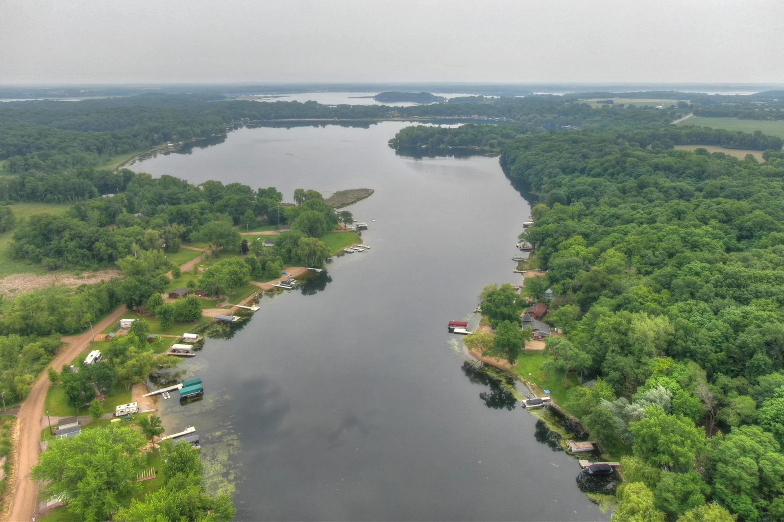 A full view of Lake Augusta, and Clearwater Lake (3,200 acres) in the background, which you can easily access directly. You can see Bungalow Island in the distance.