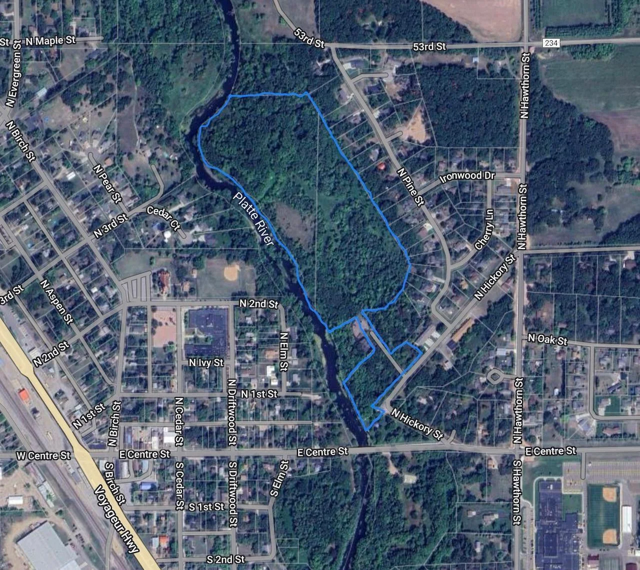 Shaded border of the two parcels, totaling 26.47 acres, blocks from downtown!