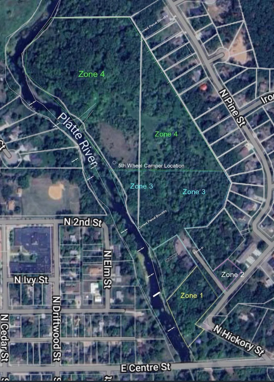 Autocad Overlay Zoning Classifications within the 2 Parcels. Note 5th Wheel "pin" location.