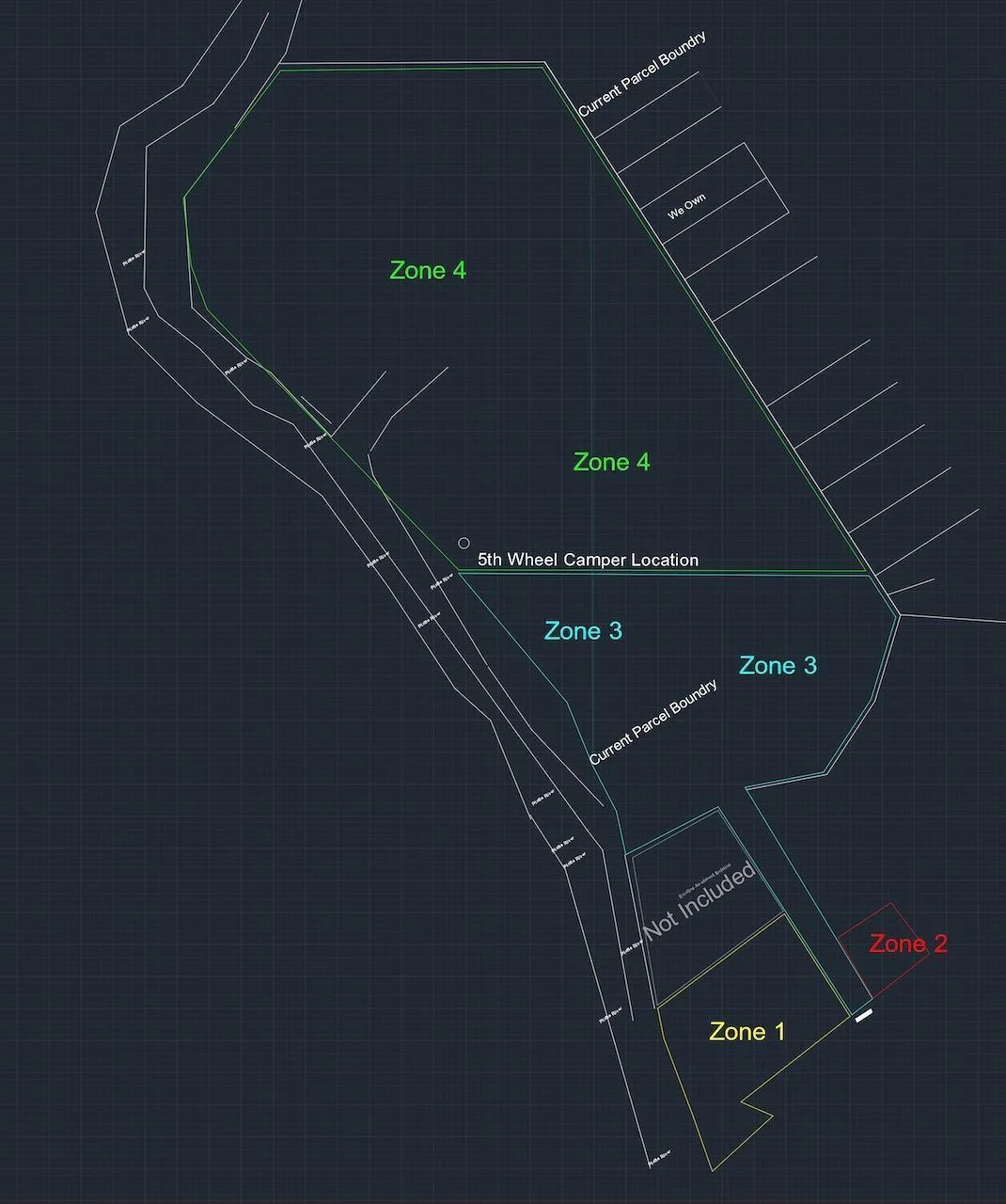 Autocad Zoning Classifications within the 2 Parcels. Note 5th Wheel "pin" location.