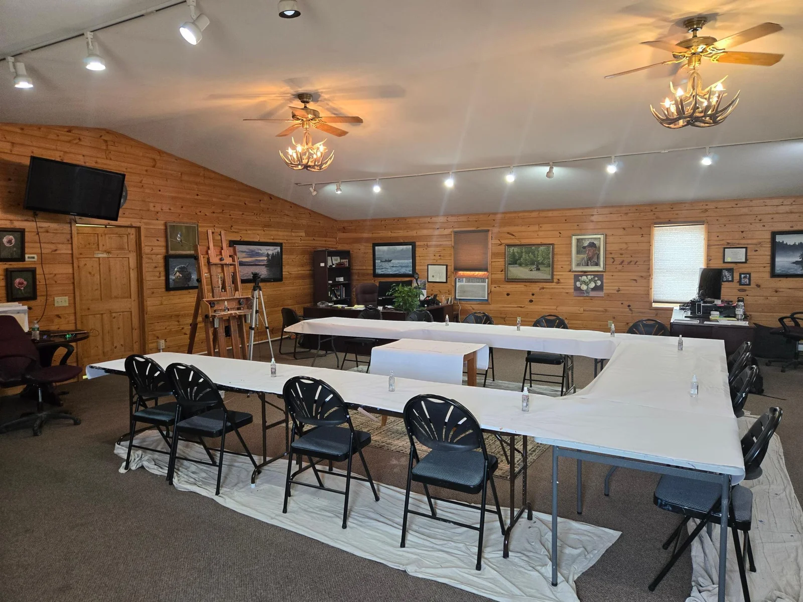 36' x 45' room with vaulted ceiling.