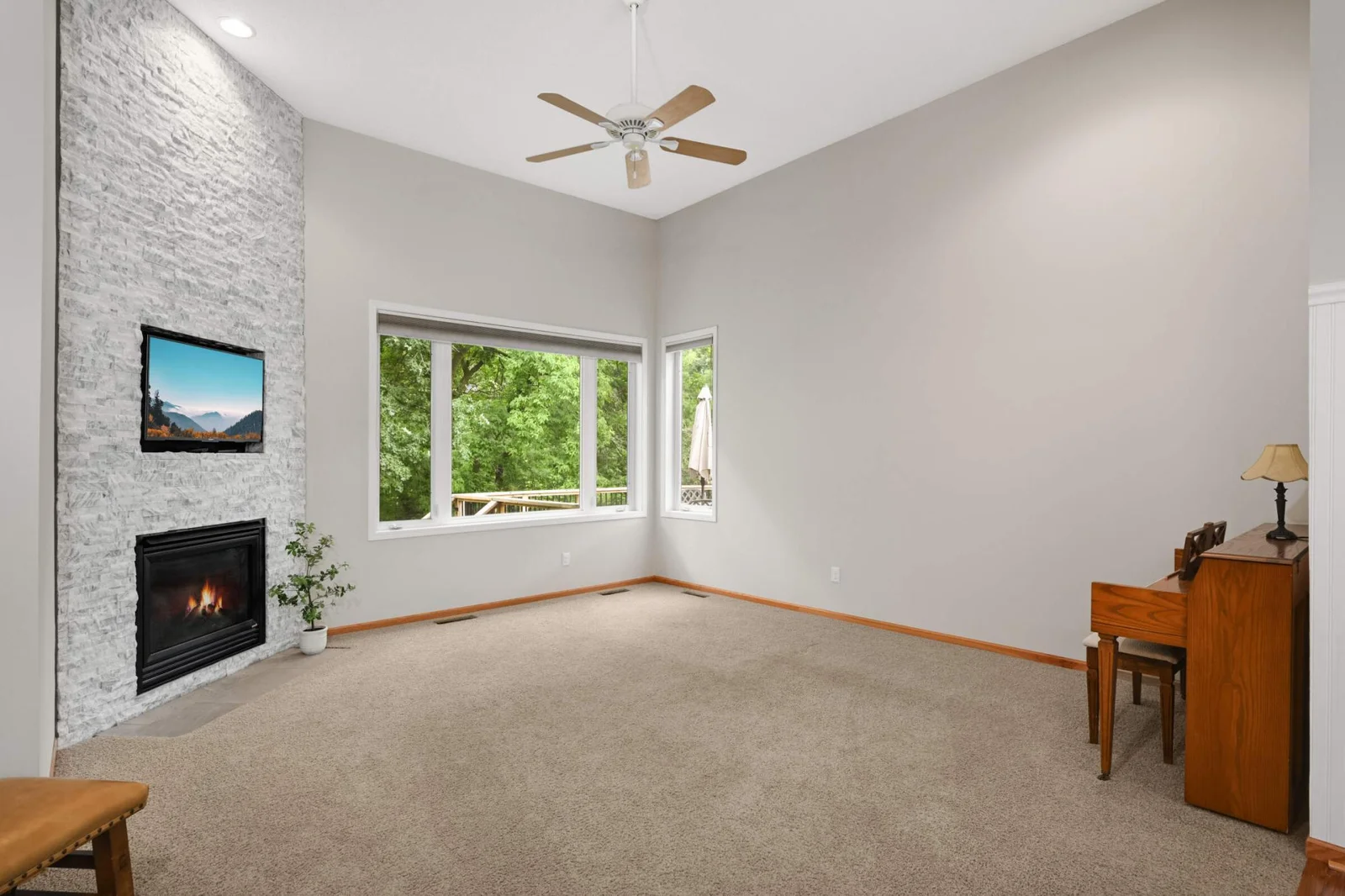 Main-level living room lake view