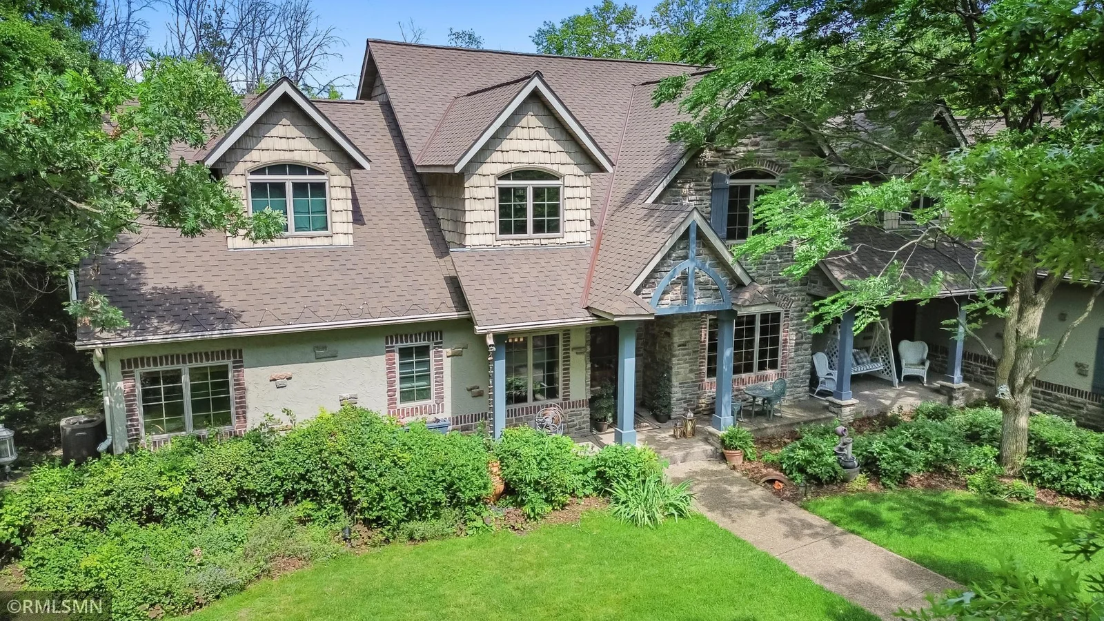 Ariel view of front entry and porch.