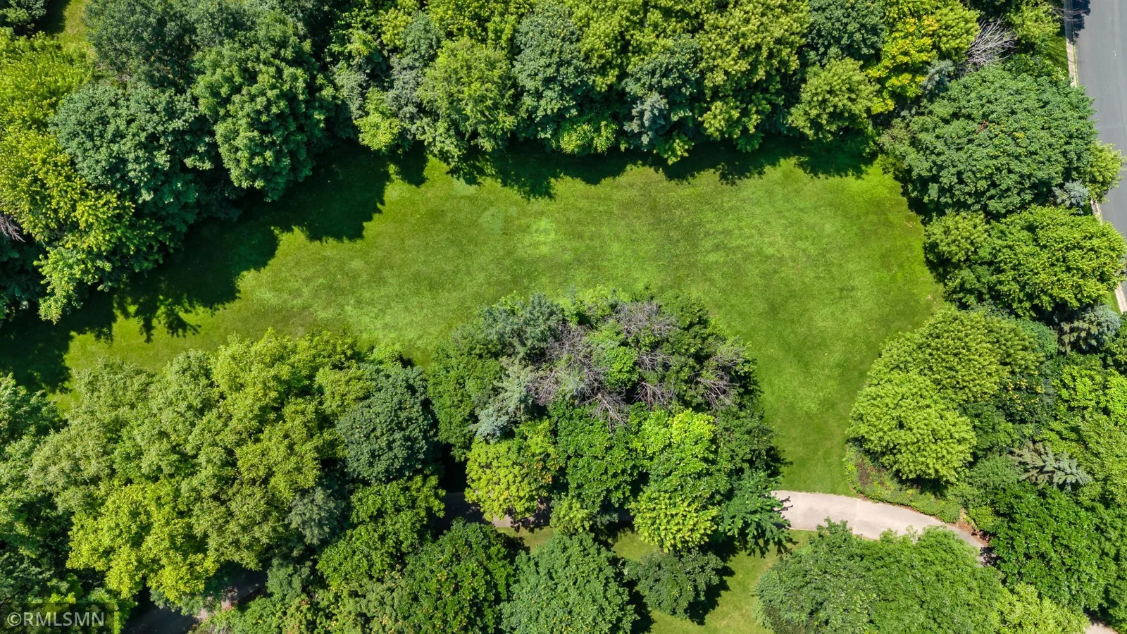 Ariel shot of lawn and street with driveway in the foreground.