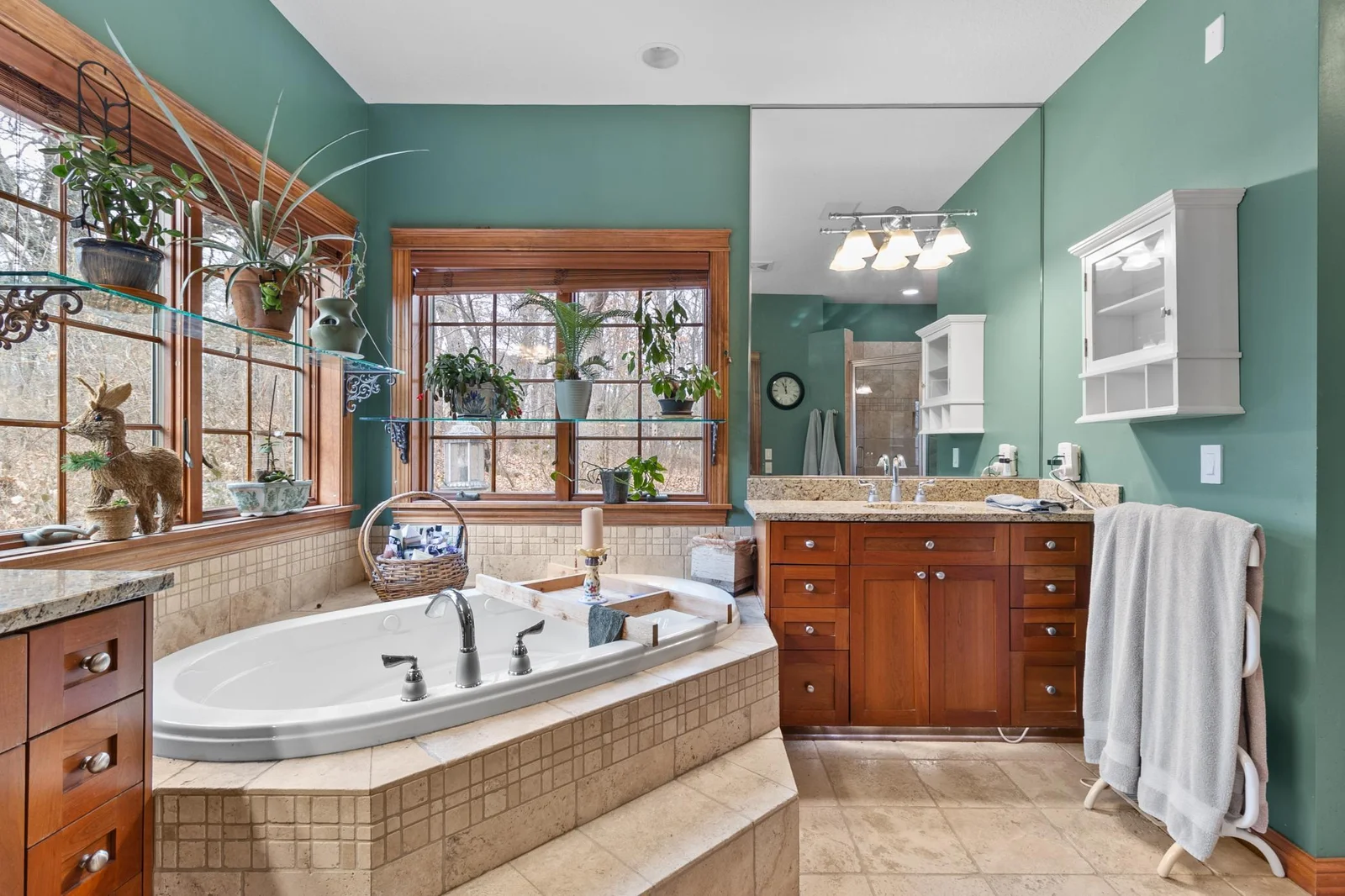 Large, jetted tub and view to the woods.