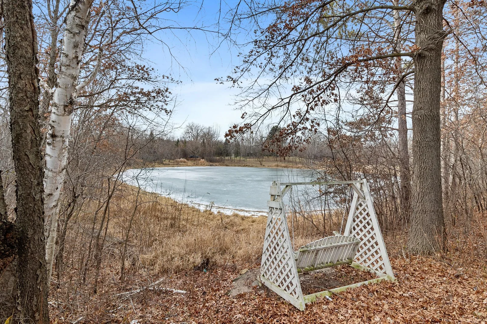 View from front yard to large pond, approximately 1 acre in size. In winter, ice skate or play hockey.