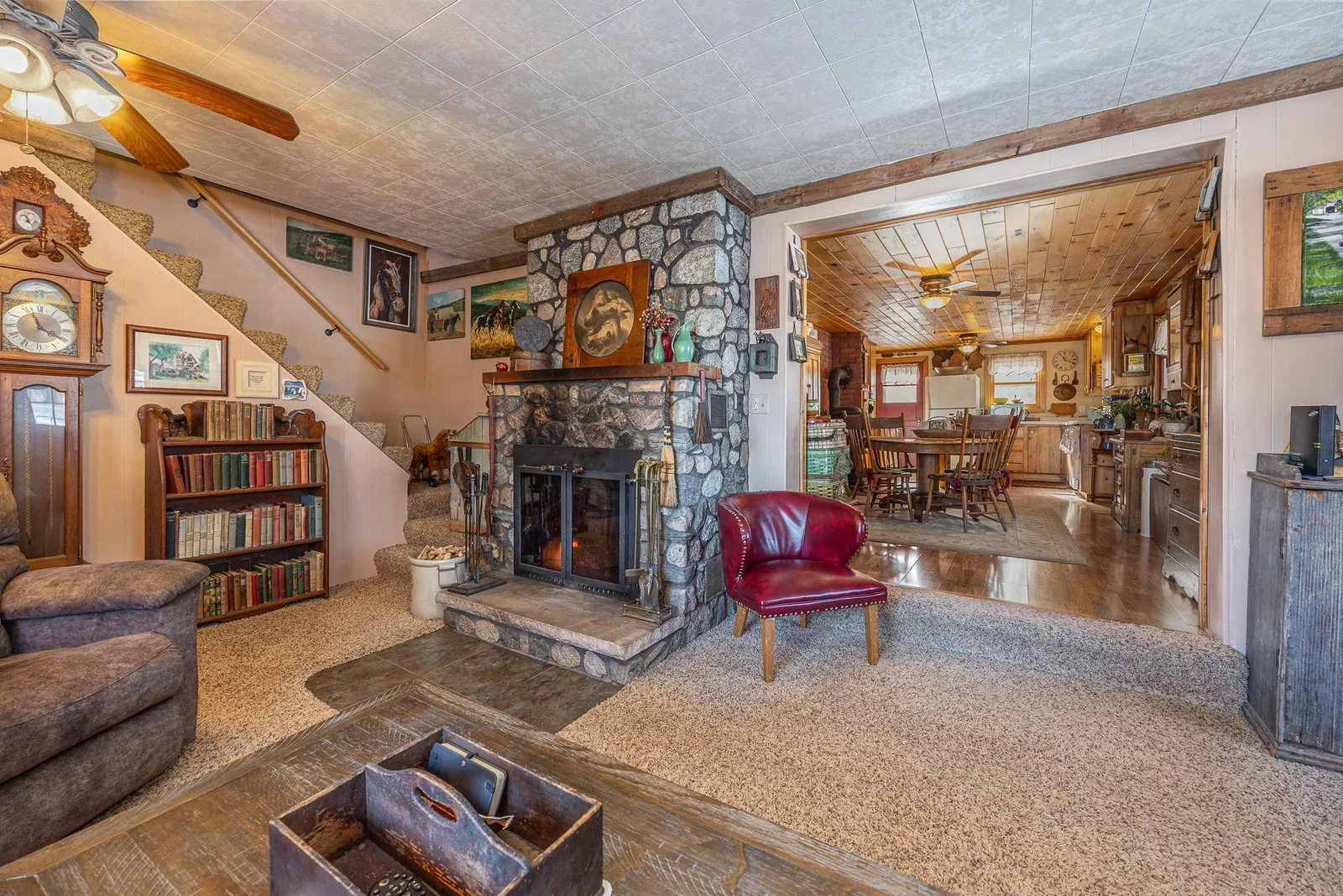 Hand stacked stone wood burning fireplace