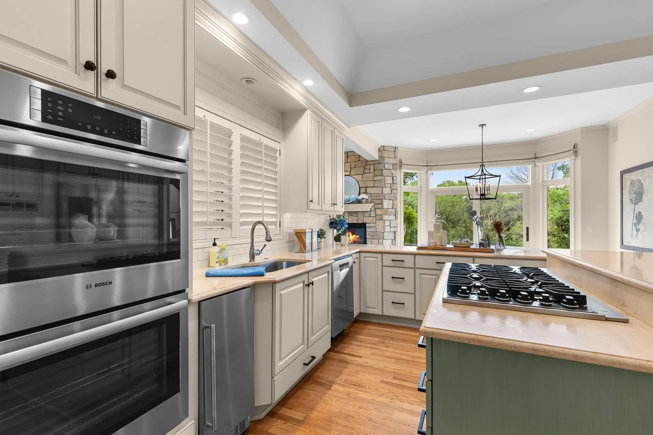 Stainless steel appliances throughout the kitchen.