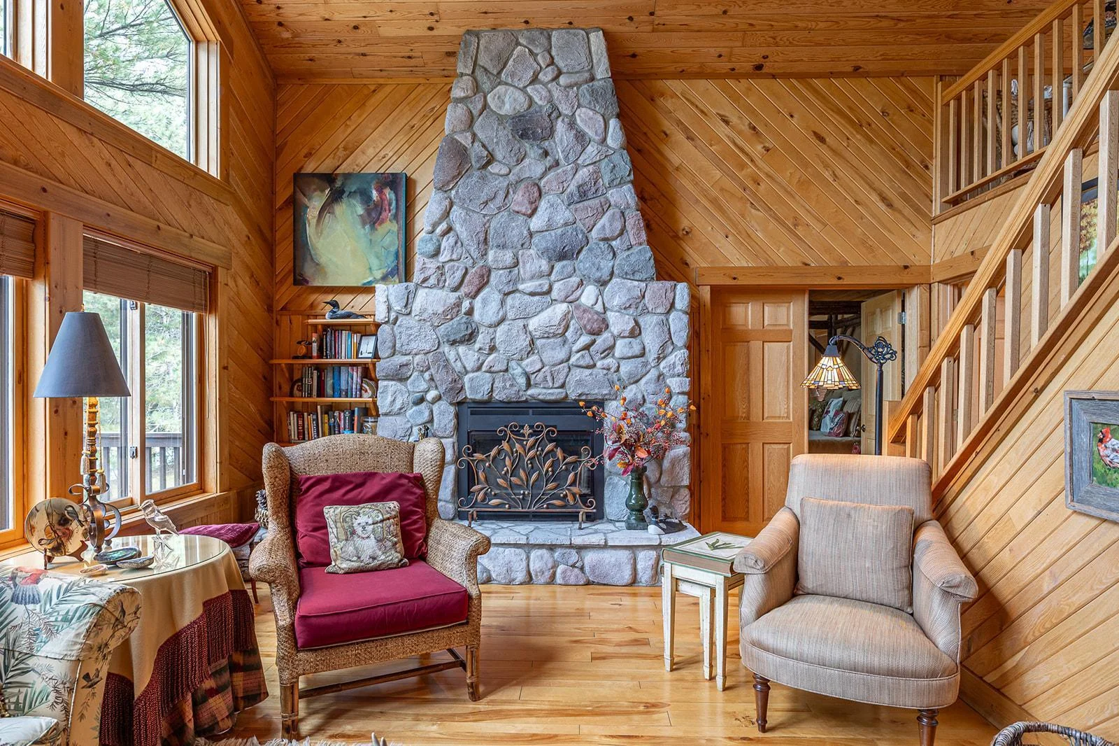 Hand stacked stone fireplace