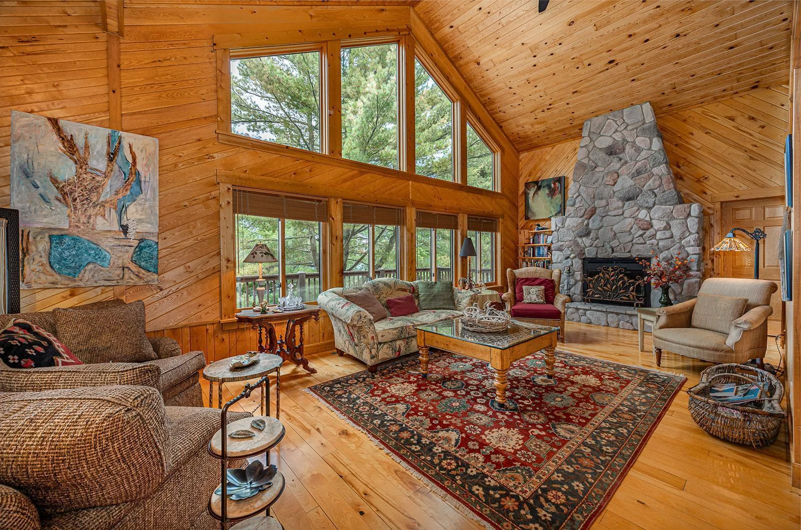 Living room with huge lakeside windows