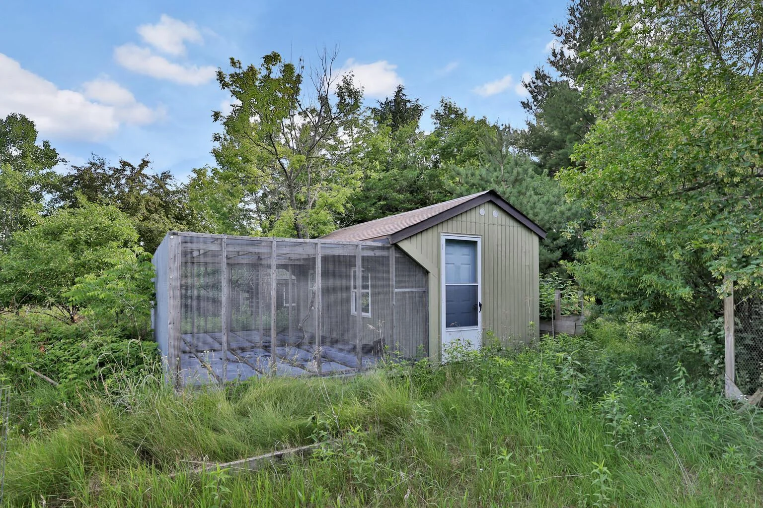 This shed with two separate screened enclosed areas was once used for housing doves. Ready for your needs.