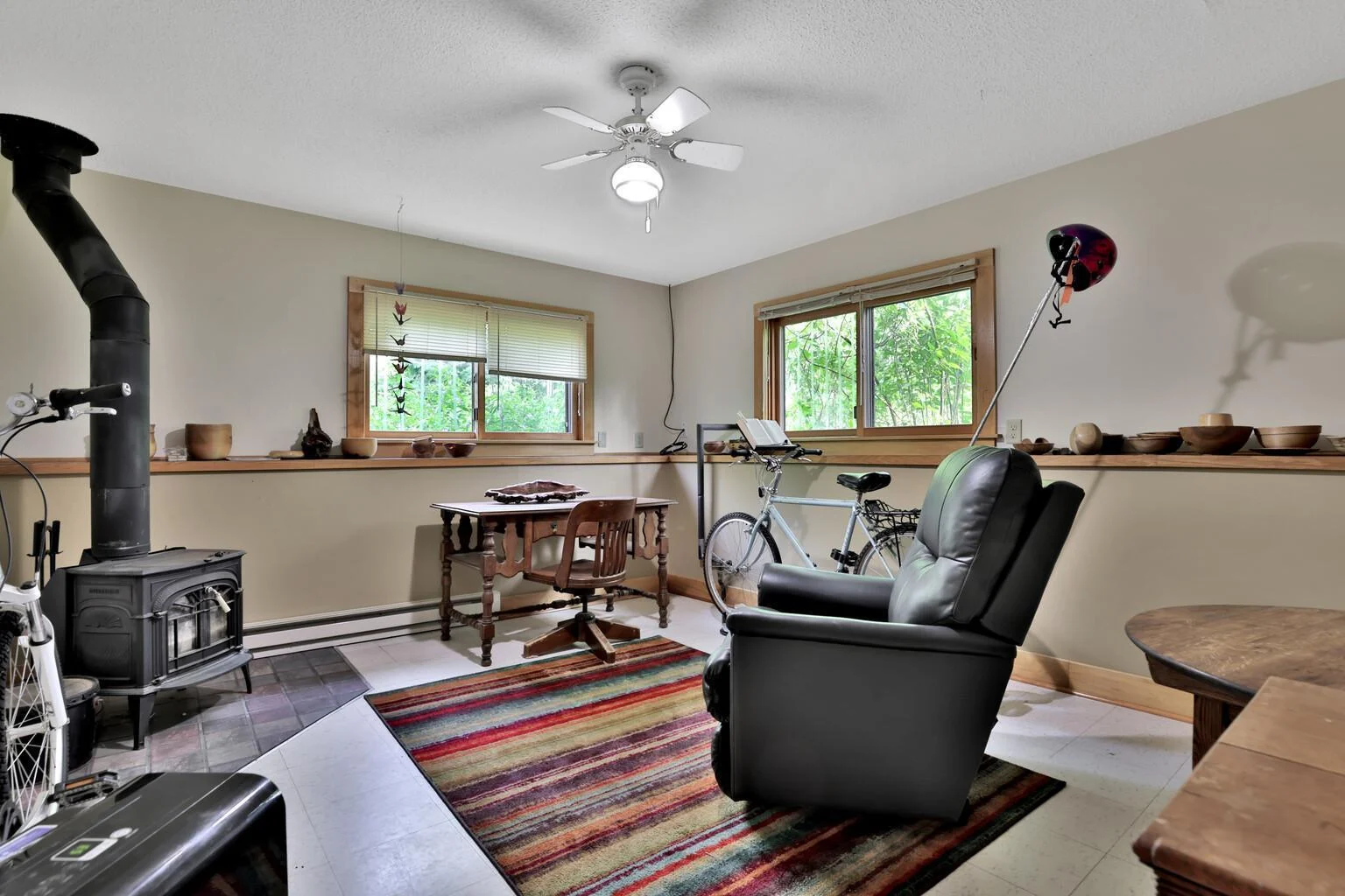 Family room with wood burning stove.