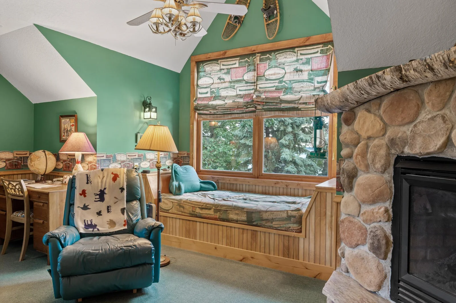 Twin size window seat and antler fan!